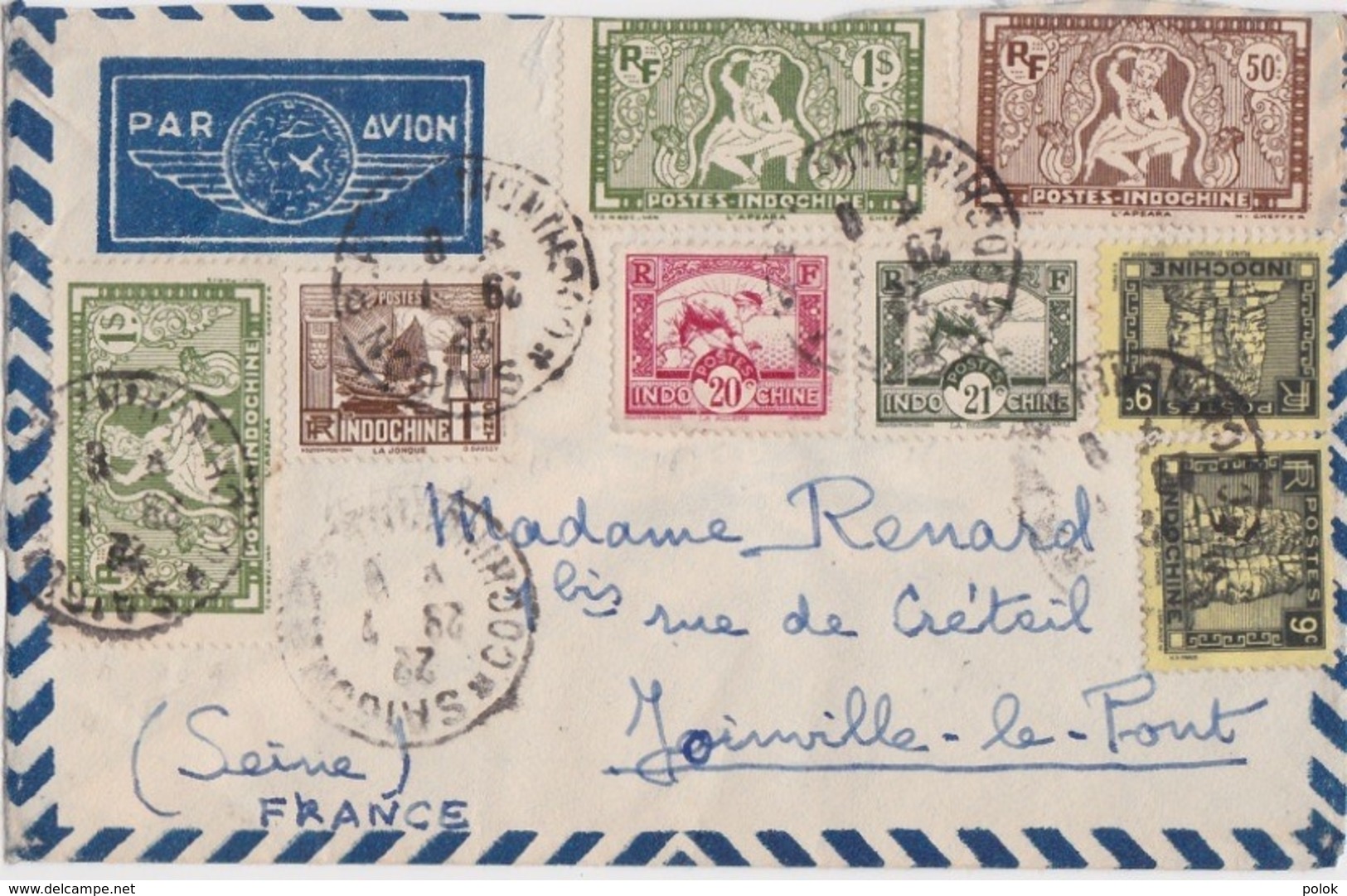 Lettre Indochine à France - Cachet Saïgon RP - Par Avion (nombreux Timbres) - Covers & Documents