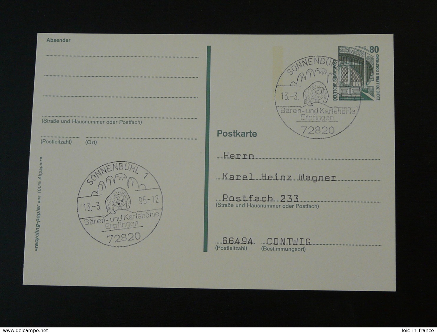 Obliteration Postmark Dinosaure Dinosaur Préhistoire Prehistory Sonnenbuhl Allemagne Germany 13/03/1995 - Prehistorisch