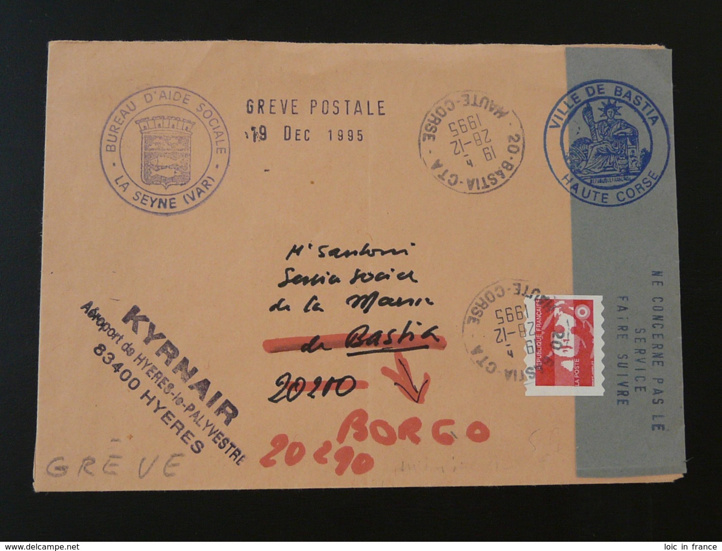 Lettre Transportée Par Kyrnair Grève Postale Bastia Corse 1995 - 1961-....