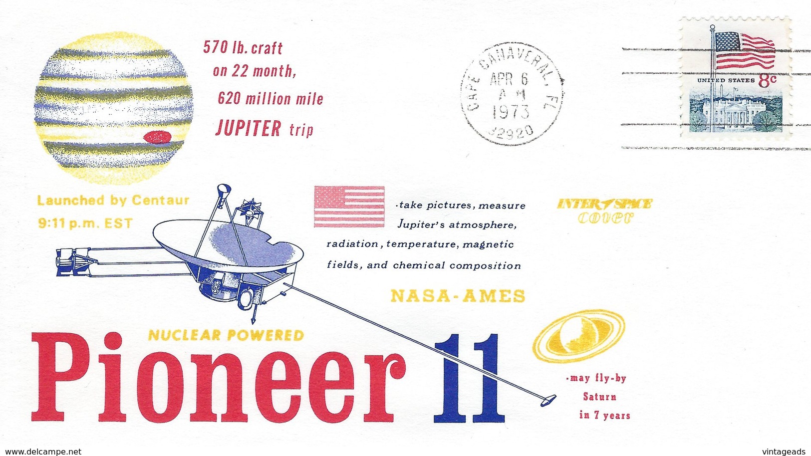 BM032 FDI/FDC Pioneer 11, 8c United States, Stempel Cape Canaveral, 6.4.1973 - Autres & Non Classés