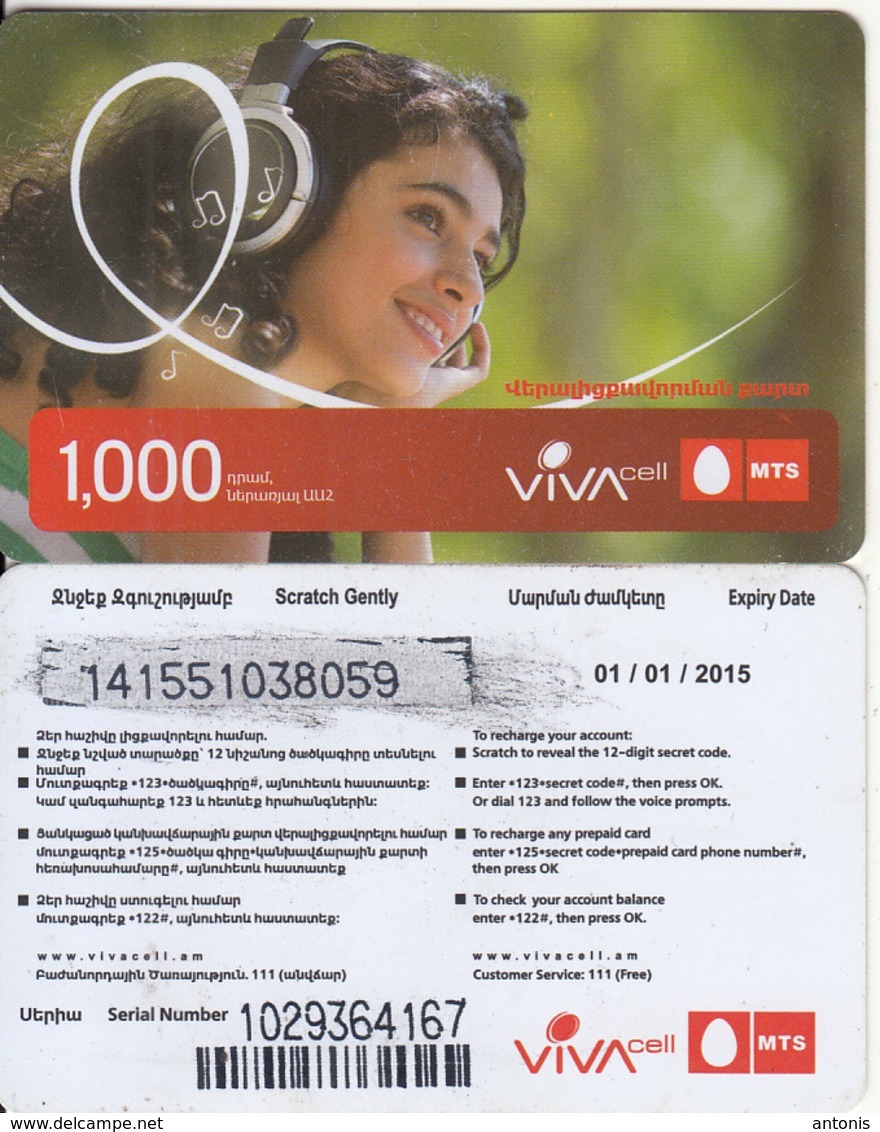 ARMENIA - Girl, VIVA/MTS Prepaid Card 1000 AMD(small Barcode), Exp. Date 01/01/15, Used - Arménie