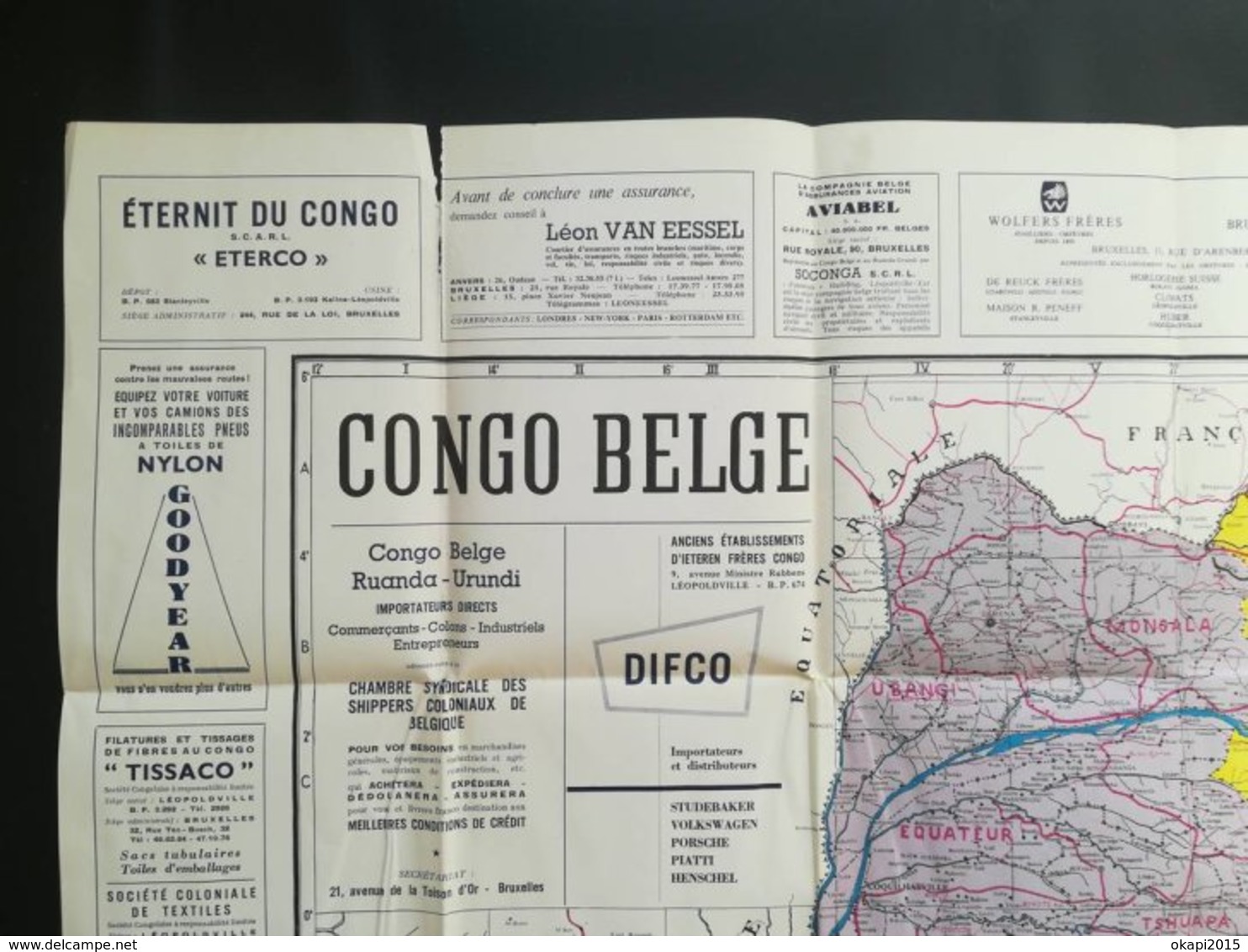 VIEILLE CARTE CONGO BELGE ET DE SES VOIES DE COMMUNICATIONS NOMBREUSES PUBLICITÉS AMATO FRÈRES  ETC. COLONIE BELGIQUE