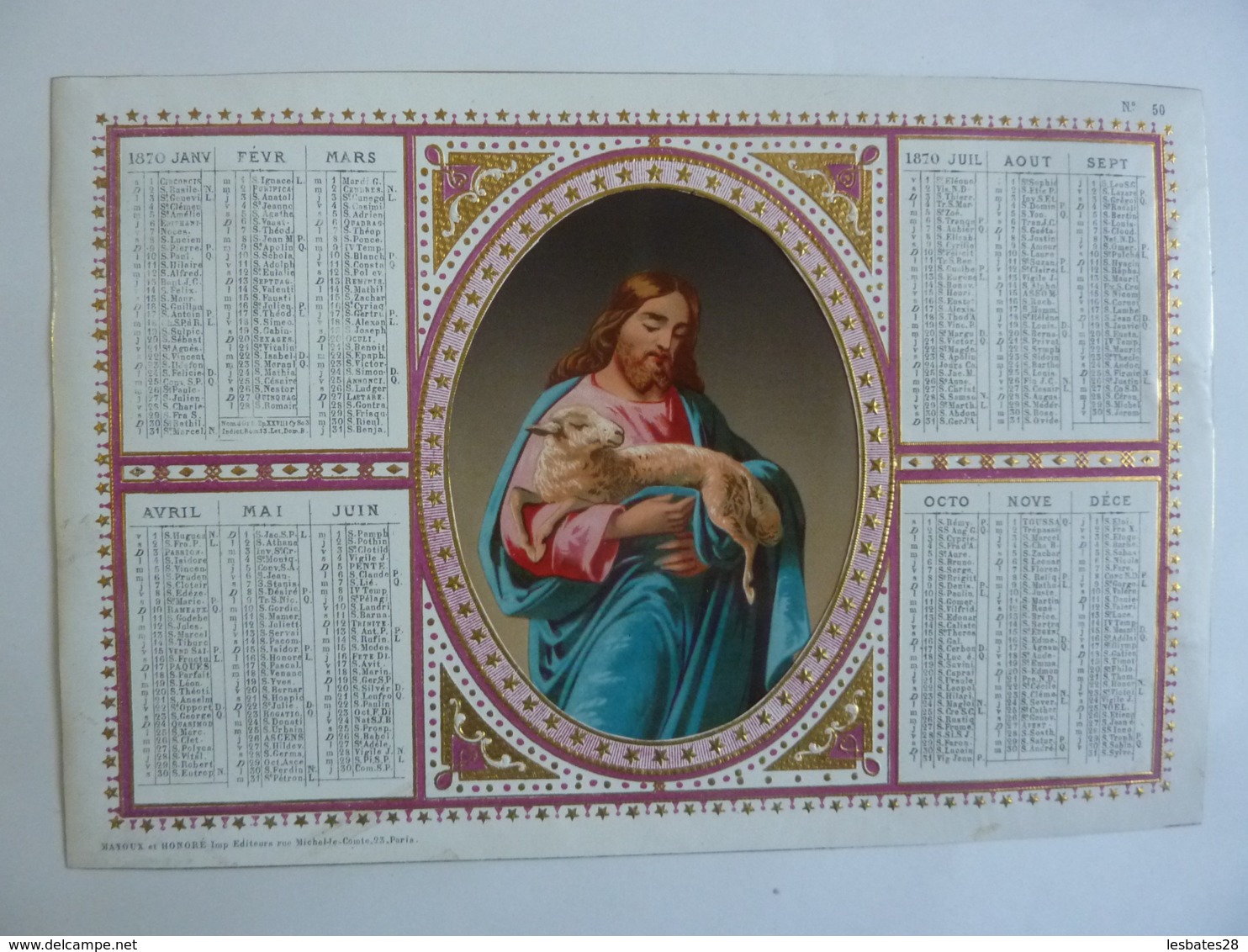 ALMANACH 1870  CALENDRIER  Chromo- Lithographie  Allégorie Religion  Médaillon Le Bon Berger  - Mayoux Et Honoré  édit - Formato Grande : ...-1900