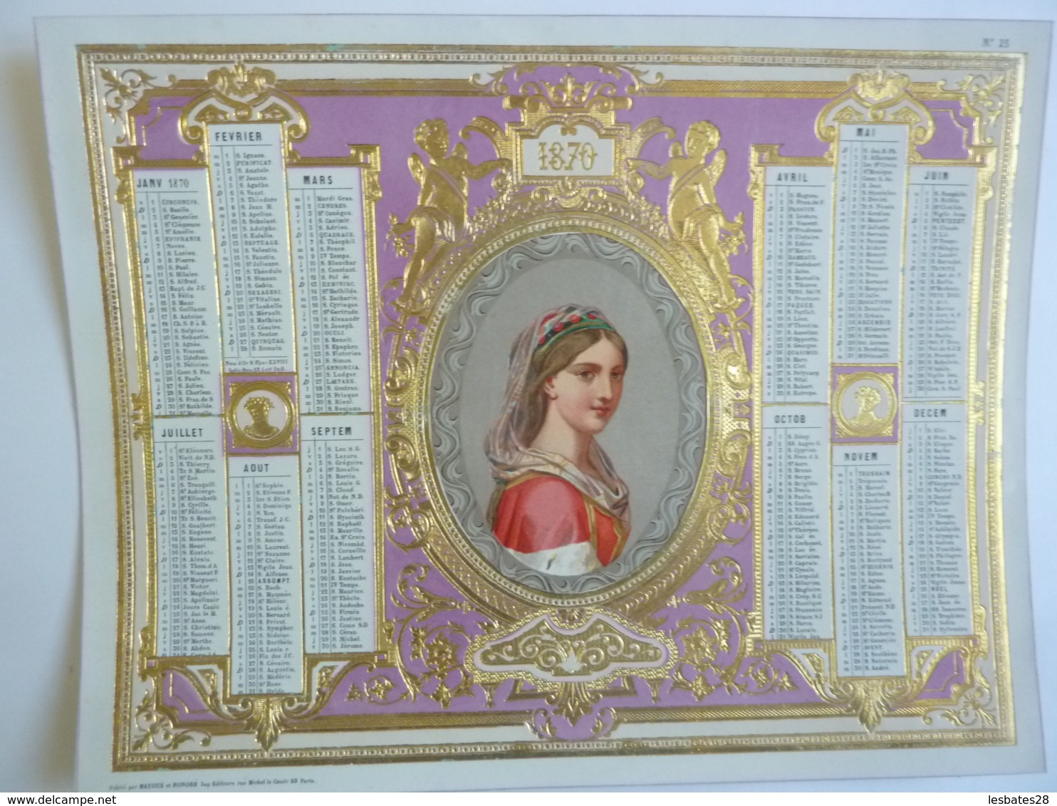 ALMANACH 1870  CALENDRIER  Chromo- Lithographie  Allégorie Médaillon Portrait De Femme   - Mayoux Et Honoré  édit - Grand Format : ...-1900