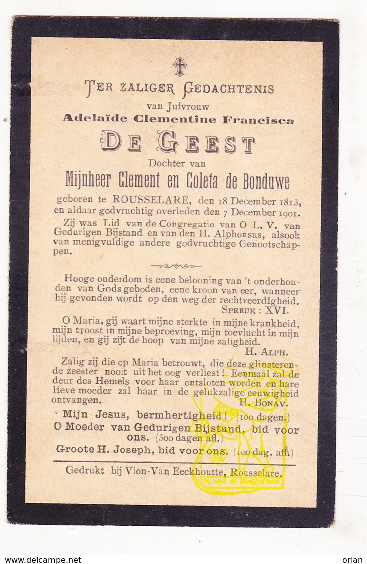 DP Adelaïde Clementine F. De Geest / De Bonduwe ° Roeselare 1813 † 1901 - Devotieprenten