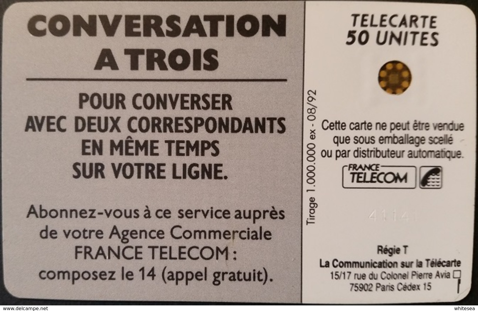 Telefonkarte Frankreich - Conversation A Trois -  50 Units - 08/92 - 1992