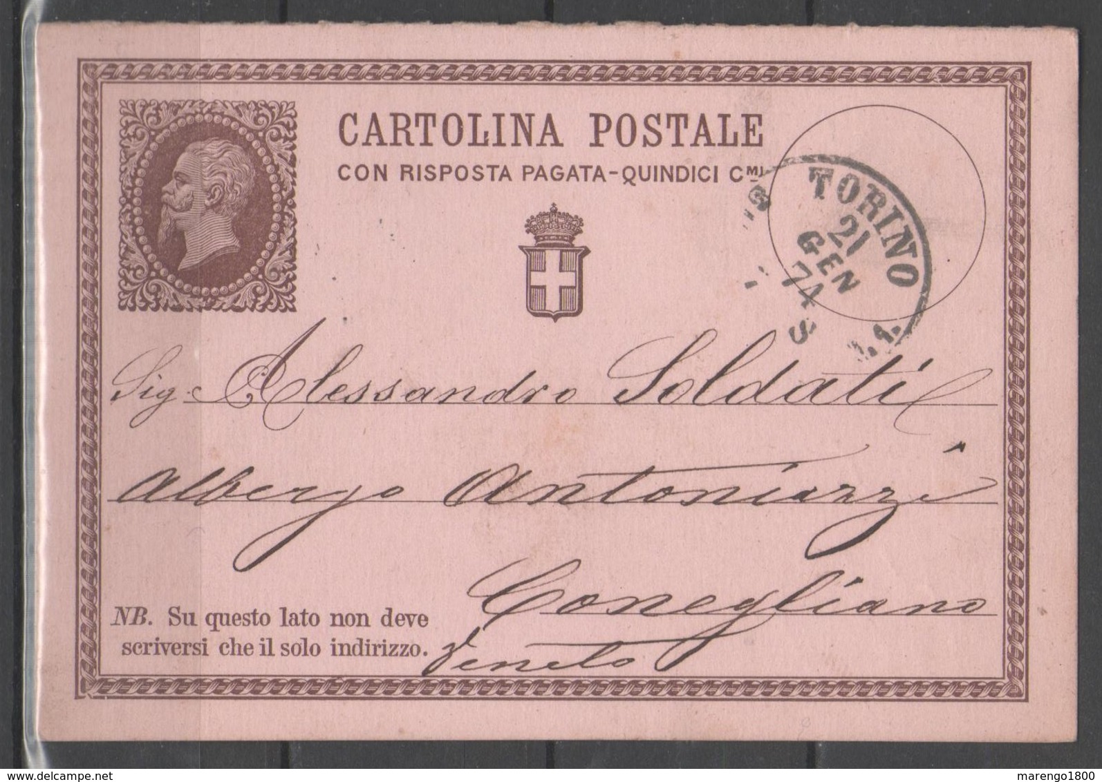 ITALIA 1874 - Cartolina Postale 21/1/74 (primo Mese D'uso) Da Torino A Conegliano V.                        (g5520) - Ganzsachen