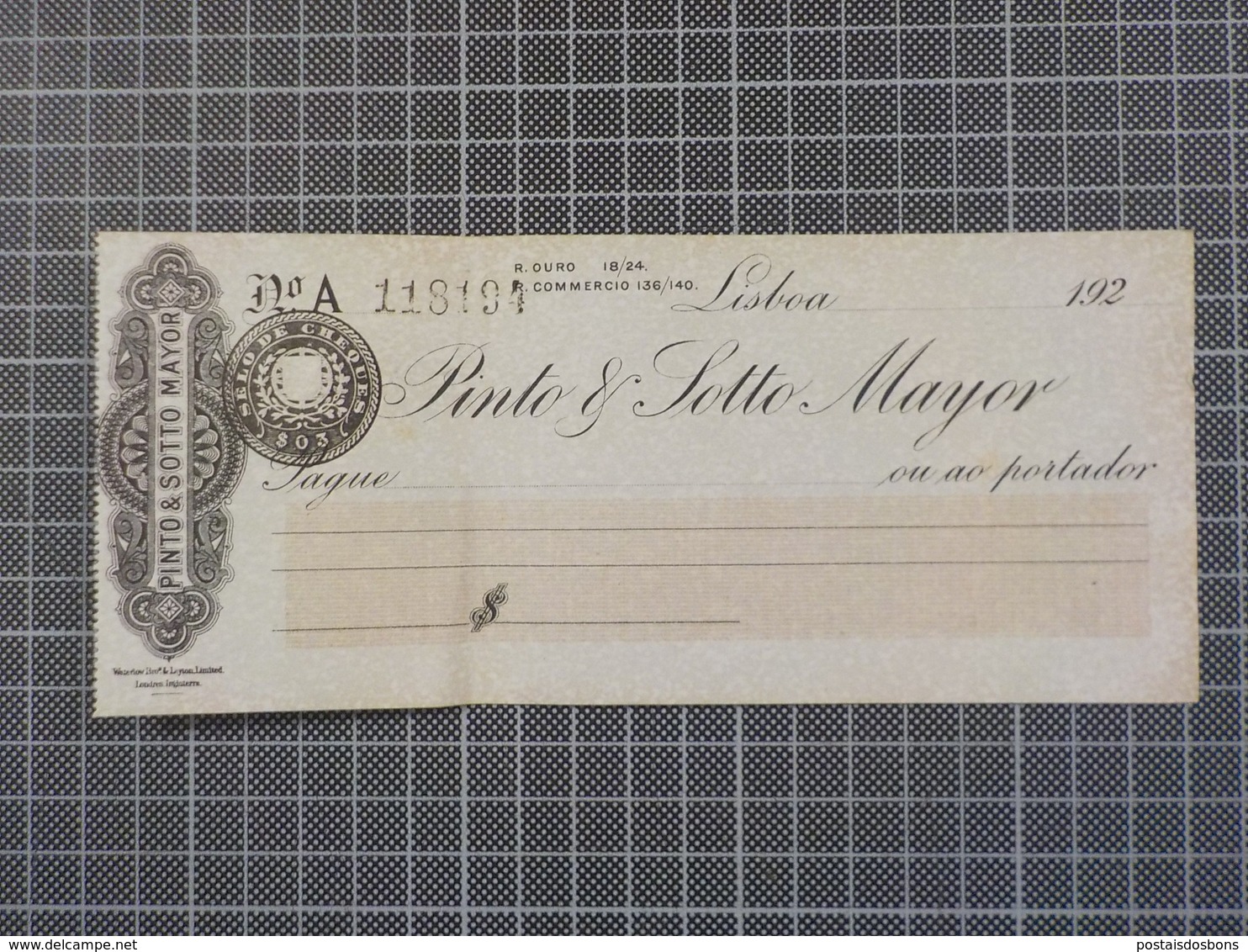 Cx6) Portugal Cheque 1920's Banco Pinto & Sotto Mayor Lisboa - Schecks  Und Reiseschecks