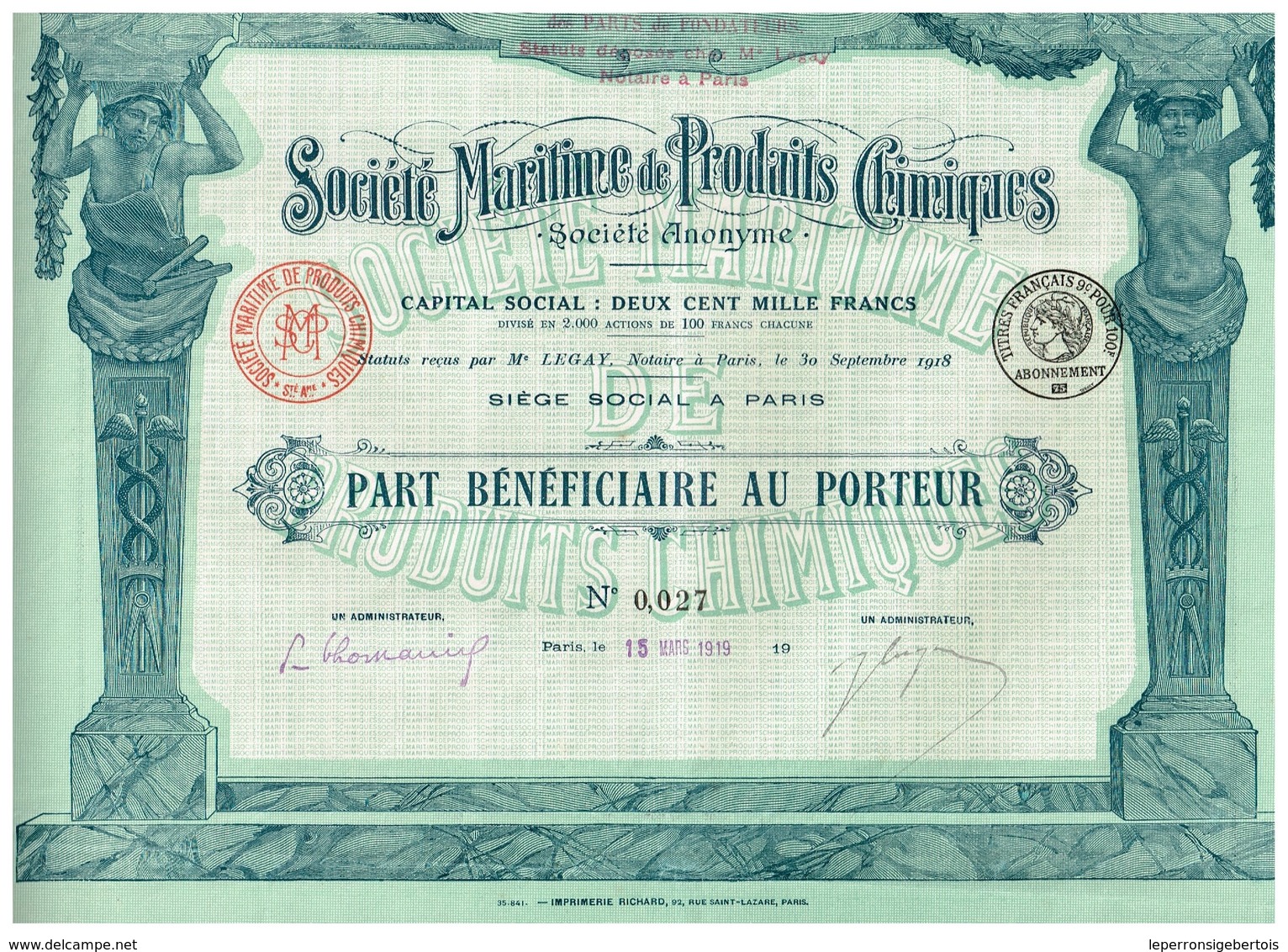 Titre Ancien - Société Maritime De Produits Chimiques - Titre De 1919 - - Industrie