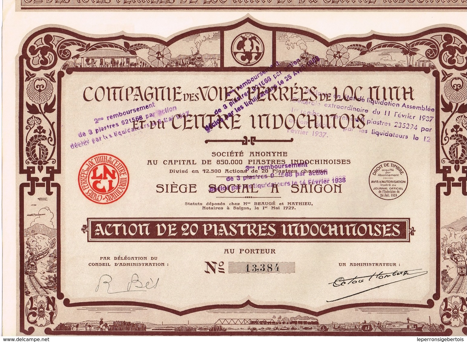 Action Ancienne - Compagnie Des Voies Ferrées De Loch Ninh Et Du Centre Indochinois - Titre De 1929 N° 13.384 - Bahnwesen & Tramways