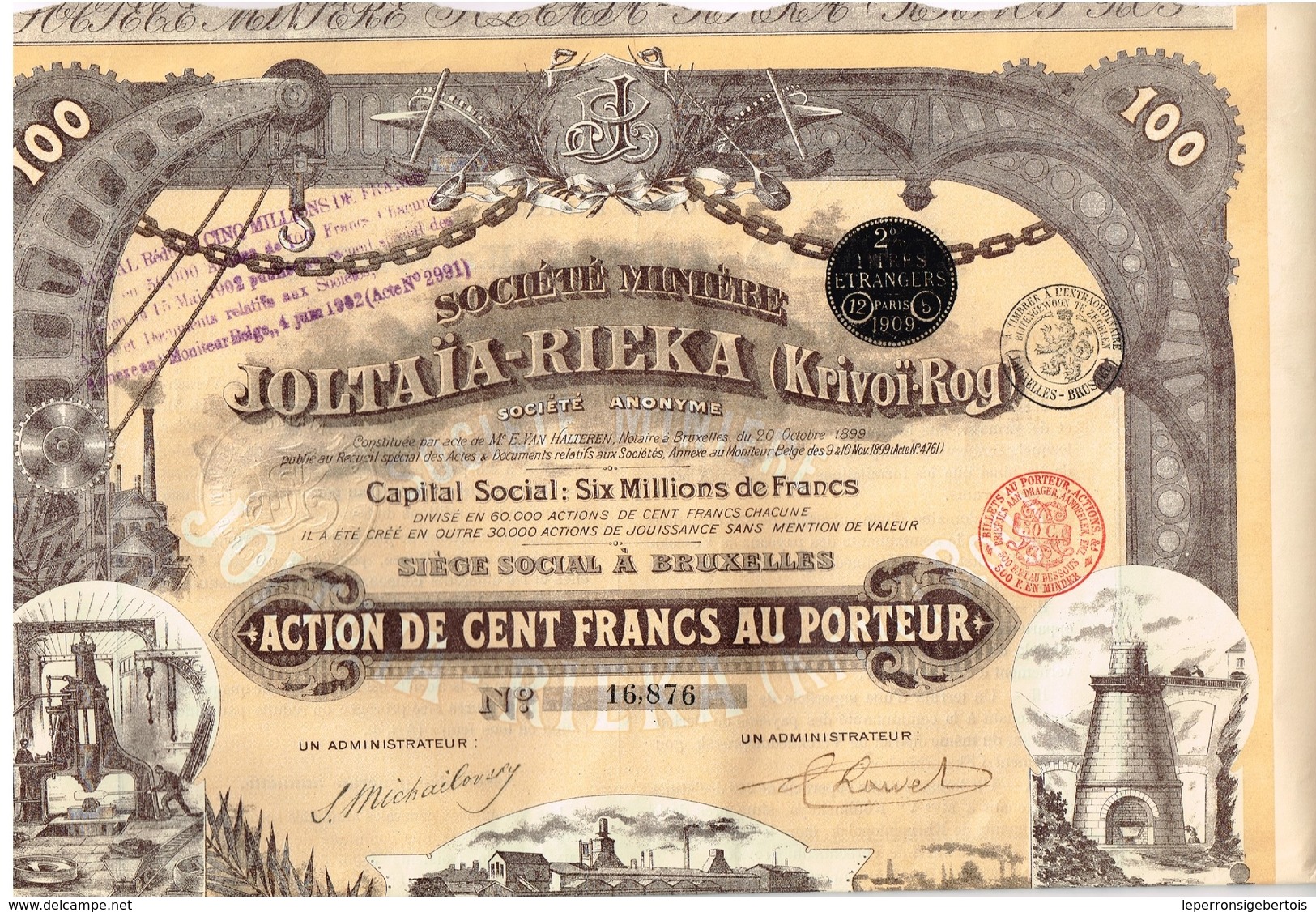 Titre Ancien - Société Minière Joltaïa-Rieka (Krinoï-Rog) - Titre De 1899 - N° 16876 - Déco - Russia