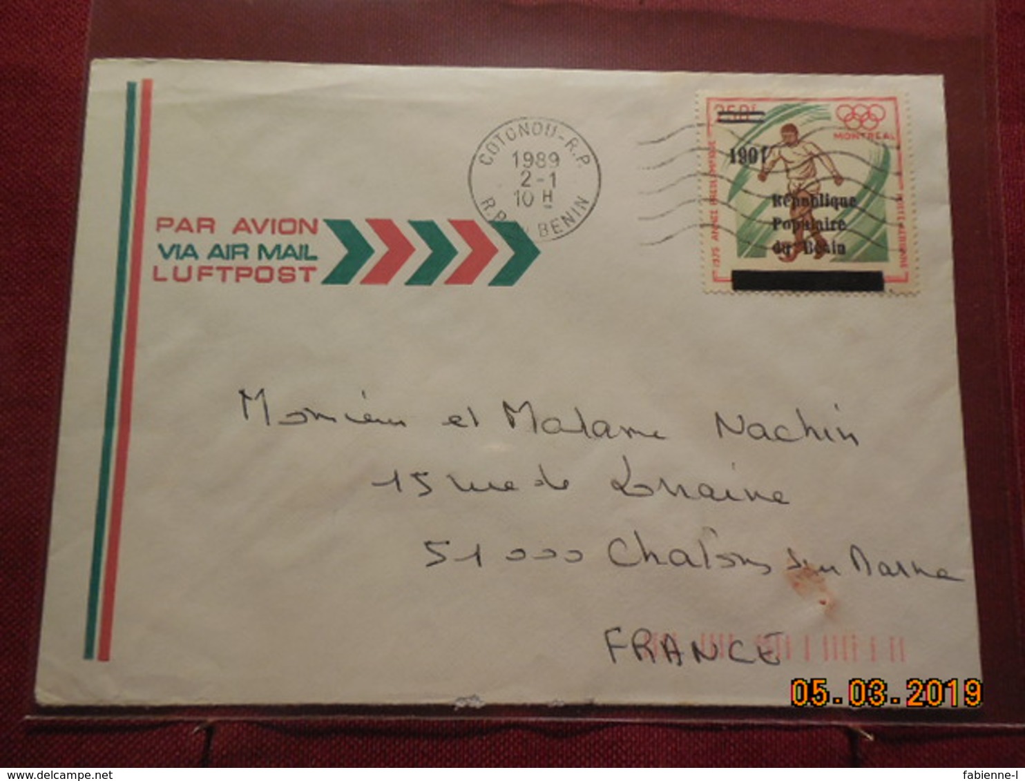 Lettre De 1989 A Destination De Chalons/Marne (surcharge) - Bénin – Dahomey (1960-...)