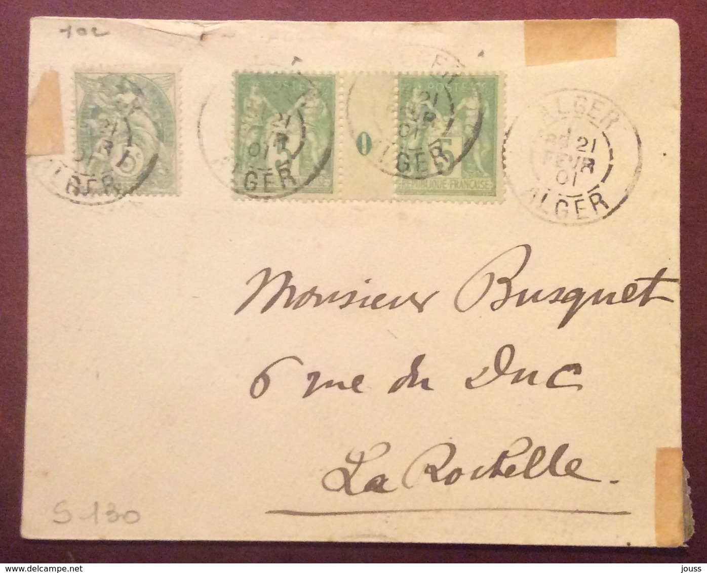 S130 Alger Alger Algérie Sage Millésime 0 + Blanc 5c Vers La Rochelle 21/2/1901 France Lettre - 1877-1920: Période Semi Moderne