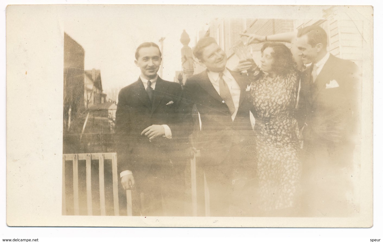 Party, 3 Guys, One Woman Drinking From Big Glass, 2 Vintage Snapshots 1930 - Anonymous Persons