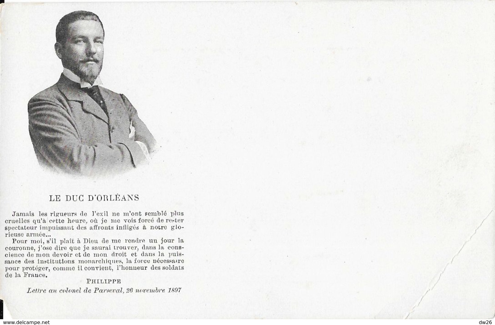 Le Duc D'Orléans, Philippe VIII Et Lettre Au Colonel De Parseval (1897) - Carte Non Circulée - Familles Royales