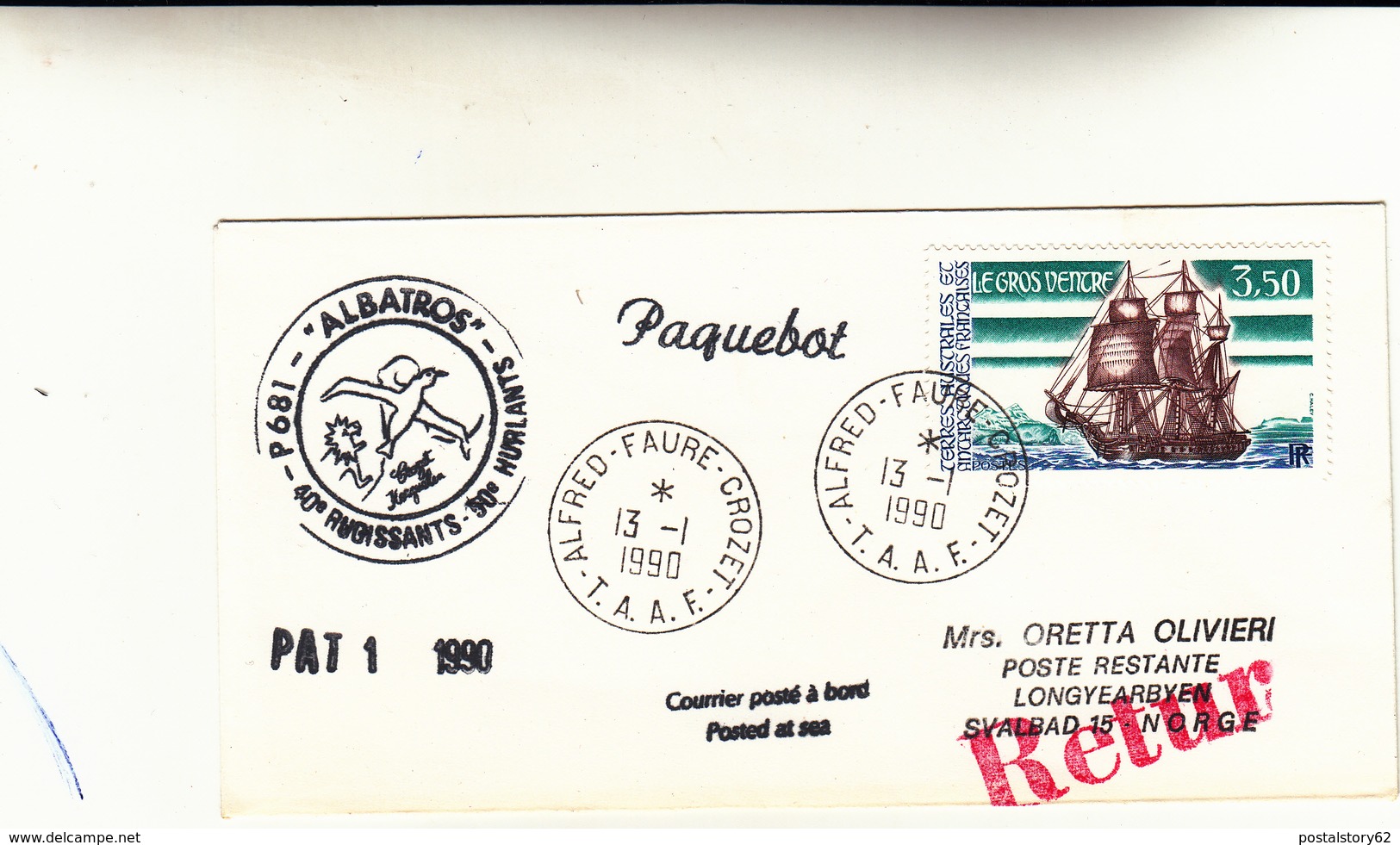 Taaf, Cover Spedita Dalle Isole Crozet E Trasportata Dal Pattugliatore Albatros. In Norge E Poi Retur 1990 - Storia Postale