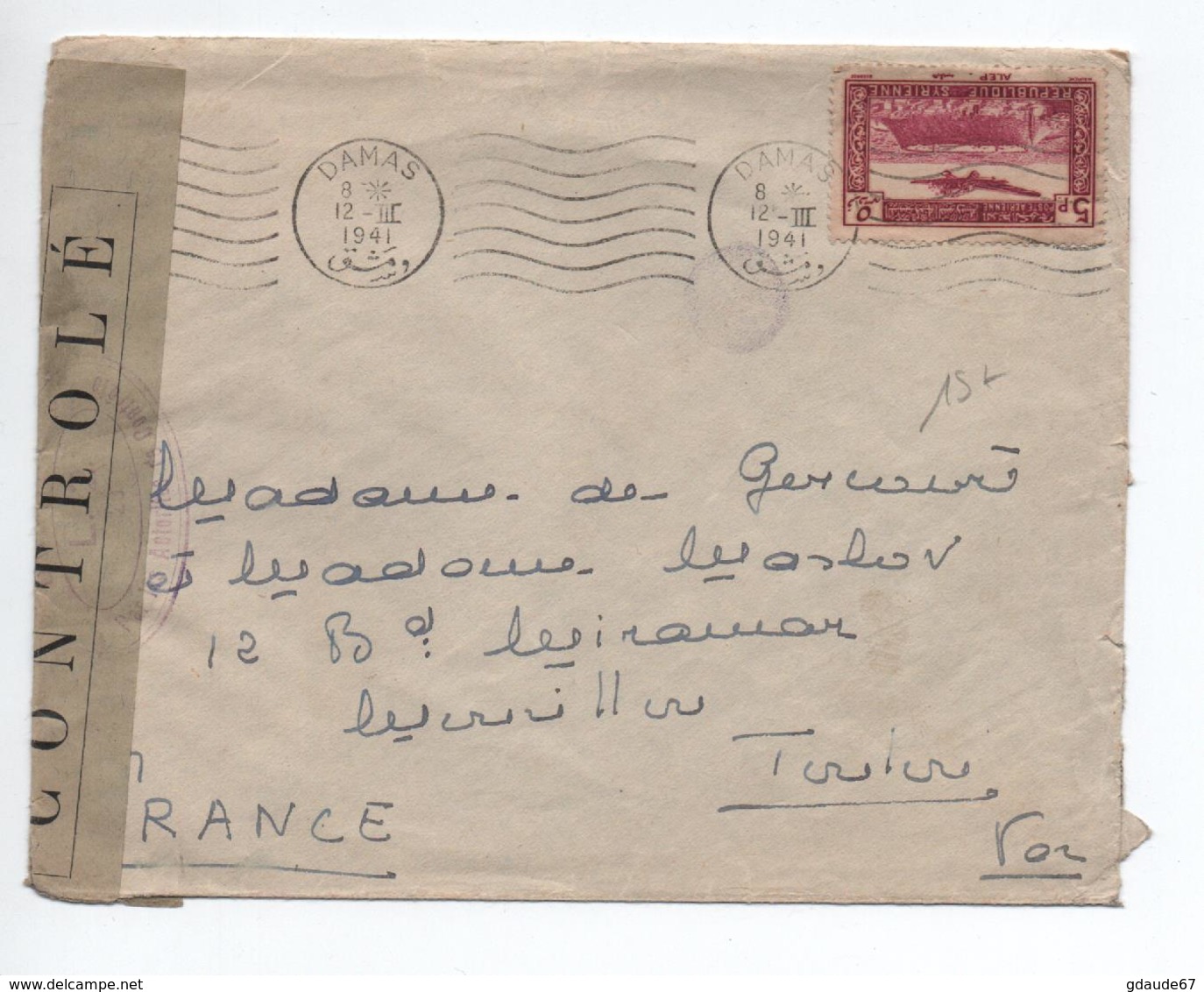 1941 - ENVELOPPE De DAMAS (SYRIE) Pour TOULON Avec CENSURE - Syrie