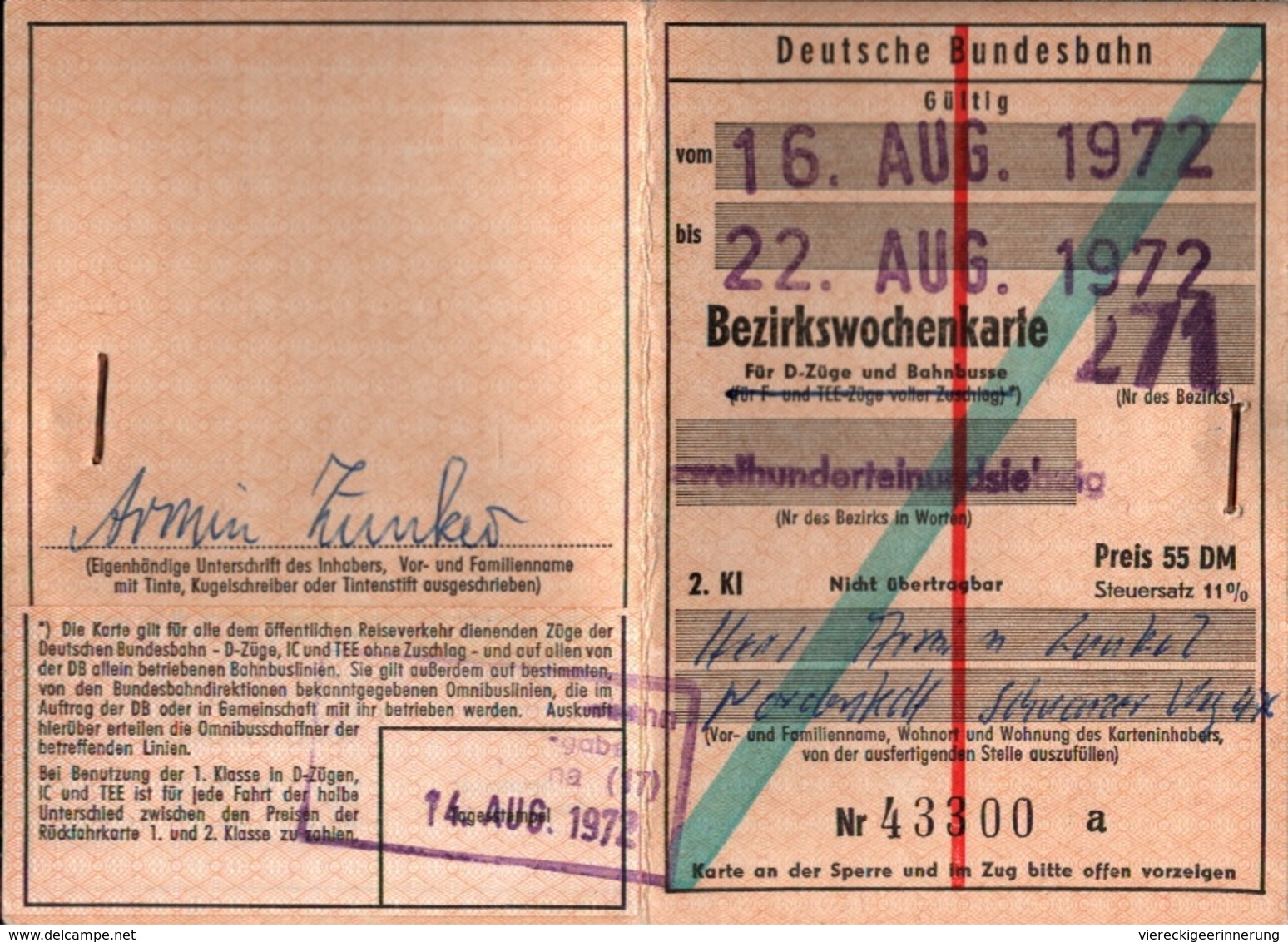 ! 1972 Deutsche Bundesbahn Bezirkswochenkarte, Hamburg, Schleswig-Holstein - Europe