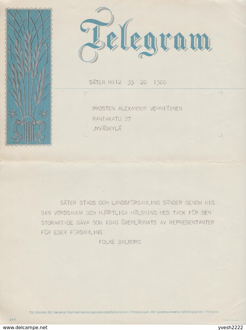 Finlande Vers 1935. Télégramme. Association Générale Protection Des Enfants, Texte En Suédois. Tuberculose. Épis De Blé - Agriculture