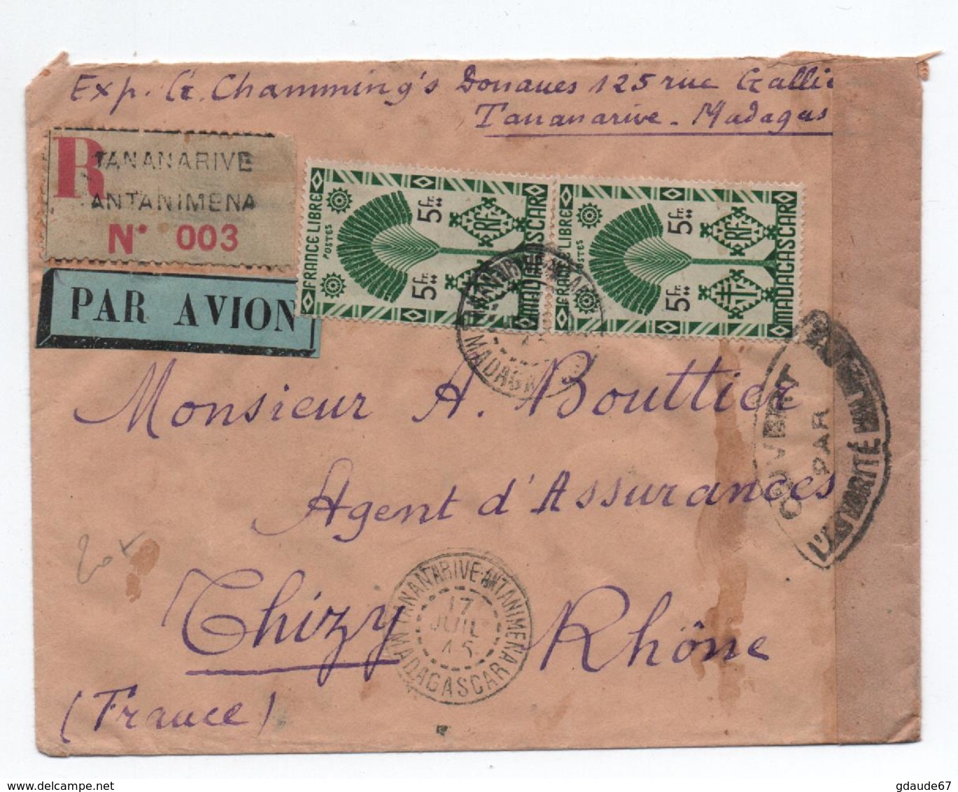 1945 - ENVELOPPE RECOMMANDE De TANANARIVE ANTANIMENA (MADAGASCAR) Pour THIZY Avec CENSURE - Lettres & Documents