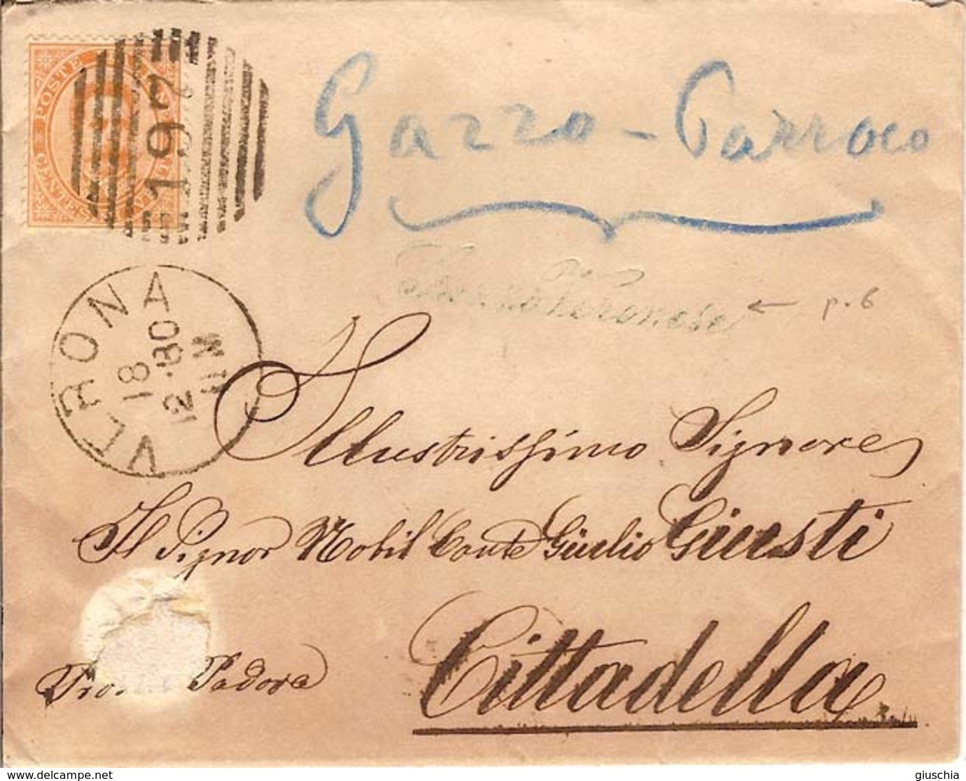 (St.Post.).Regno.Umberto I.1880.Collettoria Di Gazzo Veronese.Bollo Lineare Corsivo Verde (142-14) - Storia Postale