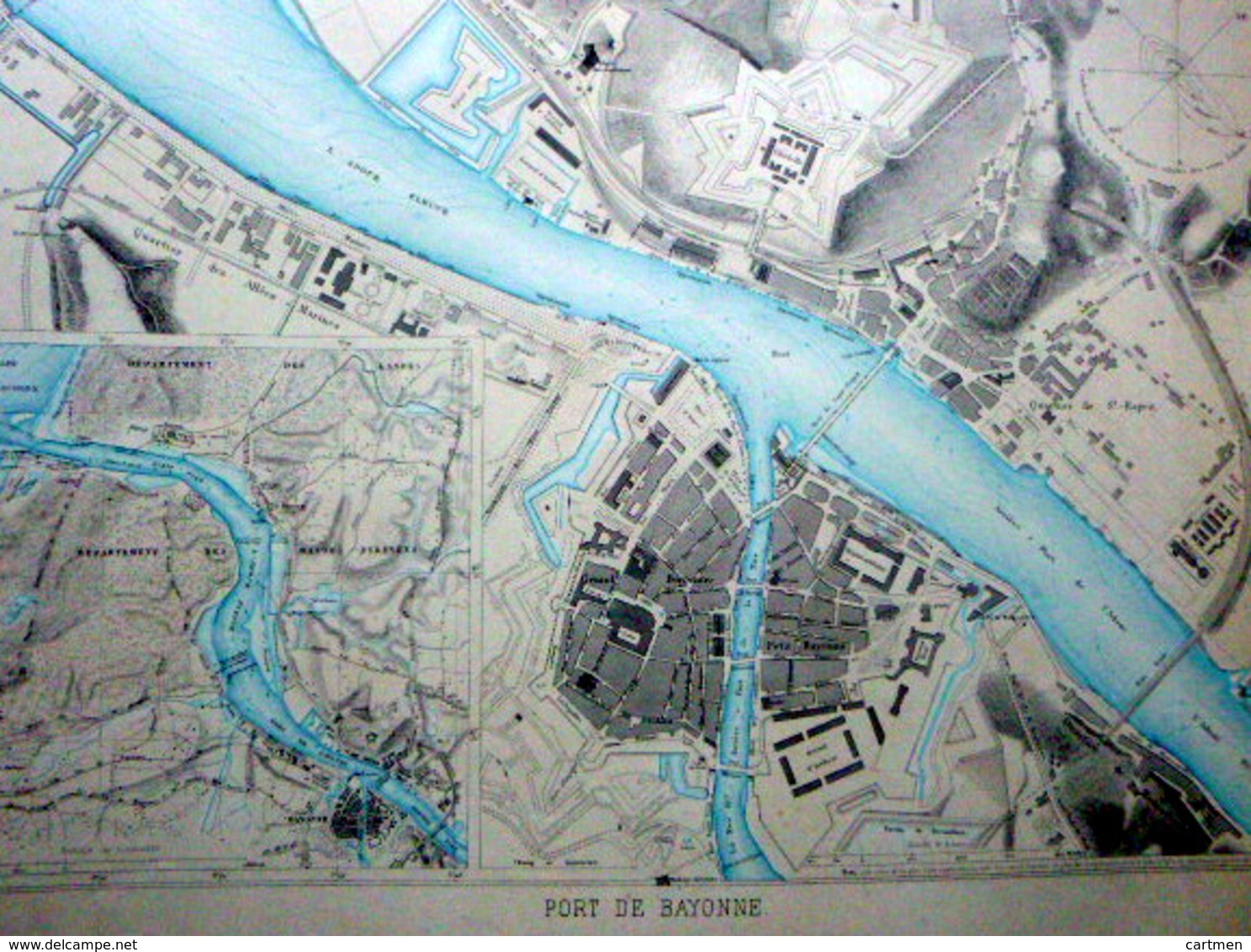 64 BAYONNE PLAN DU PORT ET DE LA VILLE  EN 1886  DE L'ATLAS DES PORTS DE FRANCE 49 X 67 Cm - Seekarten