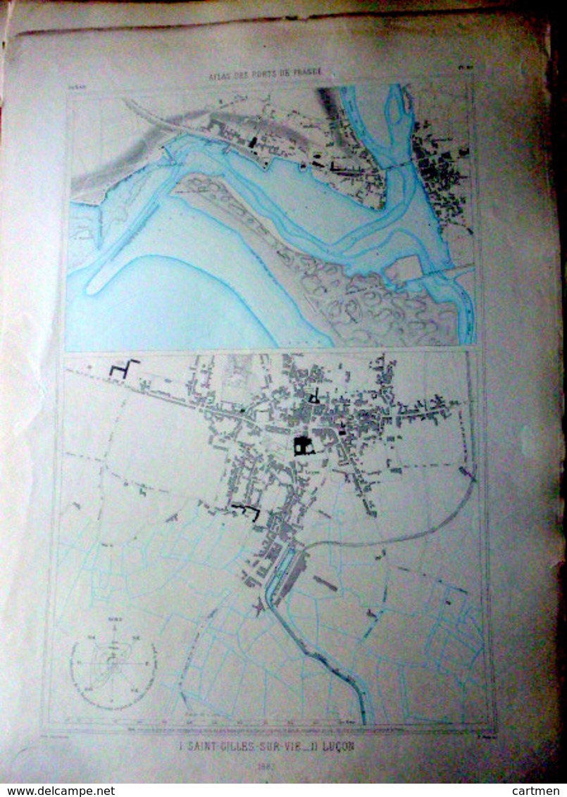 85 SAINT GILLES CROIX DE VIE LUCON PLAN DU PORT ET DE LA VILLE  EN 1882  DE L'ATLAS DES PORTS DE FRANCE 49 X 66 Cm - Seekarten