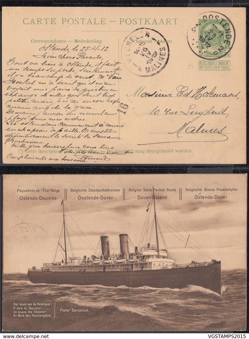 BELGIQUE EP 5C VERT VOYAGE PAQUEBOT DE L'ETAT BELGE LIGNE OSTENDE DOUVRES "A BORD PIETER DECONINCK "(DD) DC-2219 - Liner Cards