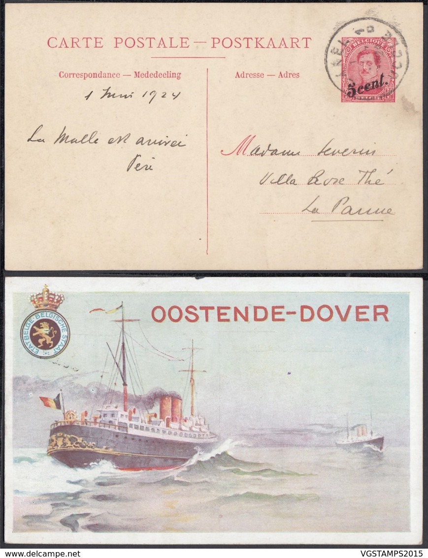 BELGIQUE EP 30C ROUGE SURCHAGÉ 5C VOYAGE PAQUEBOT DE L'ETAT BELGE LIGNE OSTENDE DOUVRES (DD) DC-2225 - Liner Cards