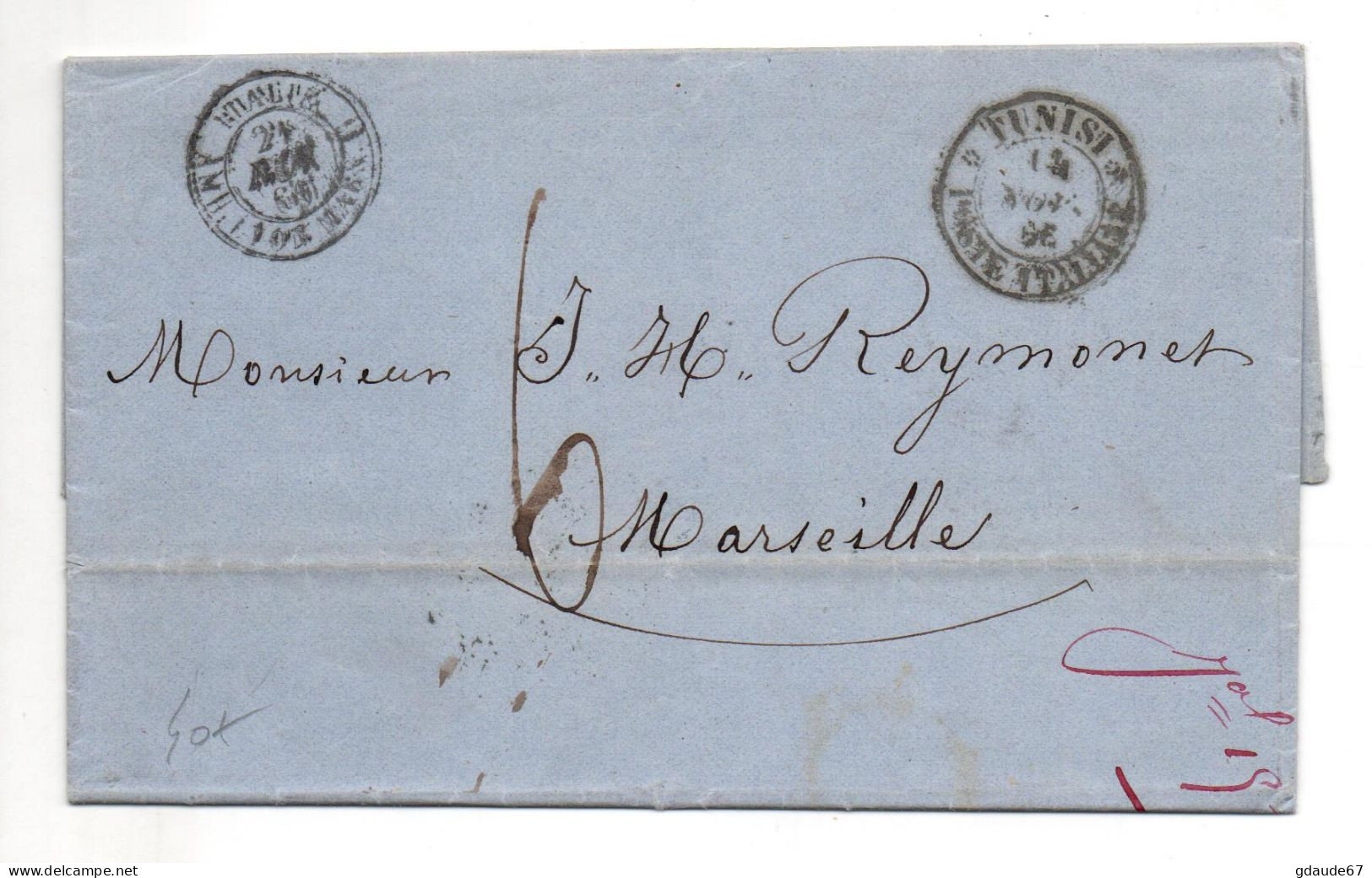 1866 - LETTRE De TUNISI / POSTE ITALIANE Pour MARSEILLE - Oost-Afrika