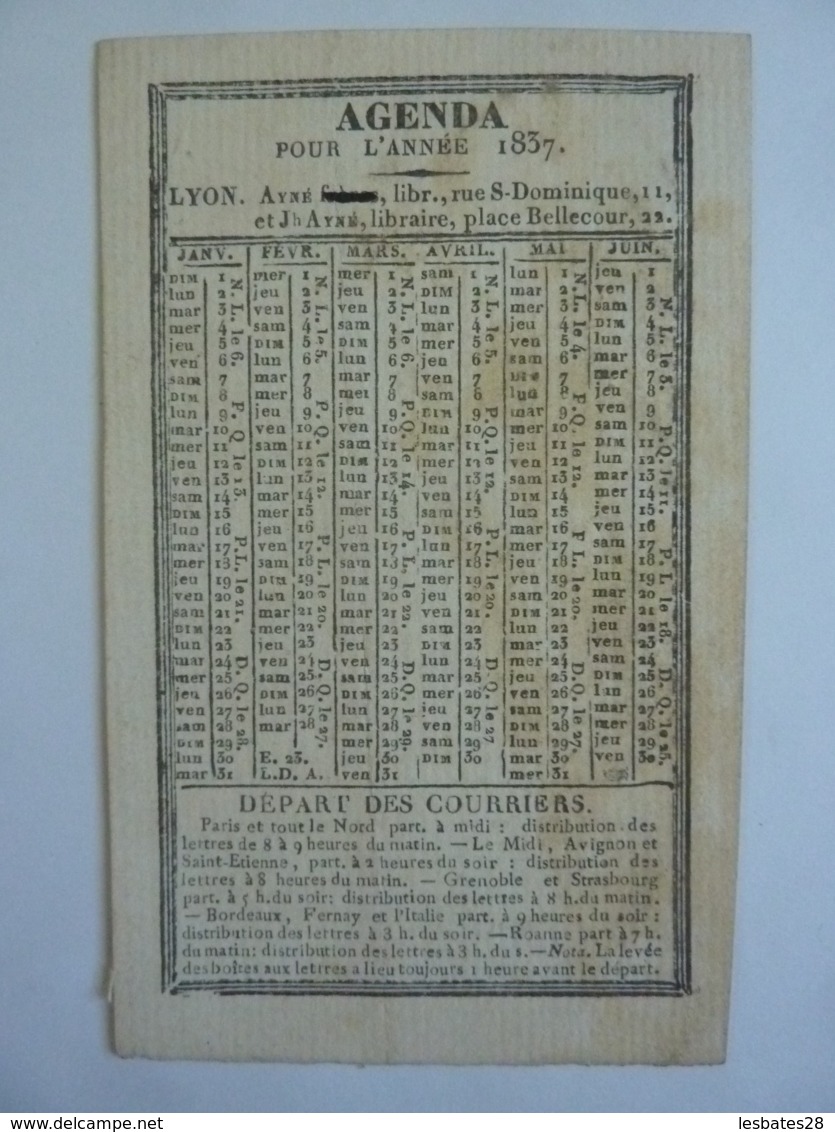 ALMANACH  CALENDRIER  L'AGENDA 1837  (Lyon Libr. Ayné ) - Petit Format : ...-1900