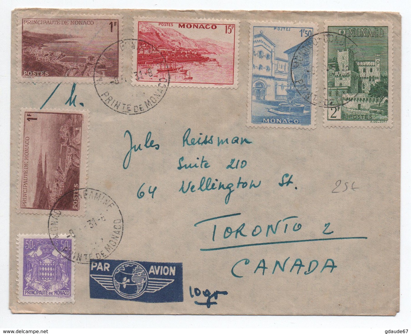 1947 - ENVELOPPE PAR AVION De MONACO Pour TORONTO (CANADA) - Briefe U. Dokumente