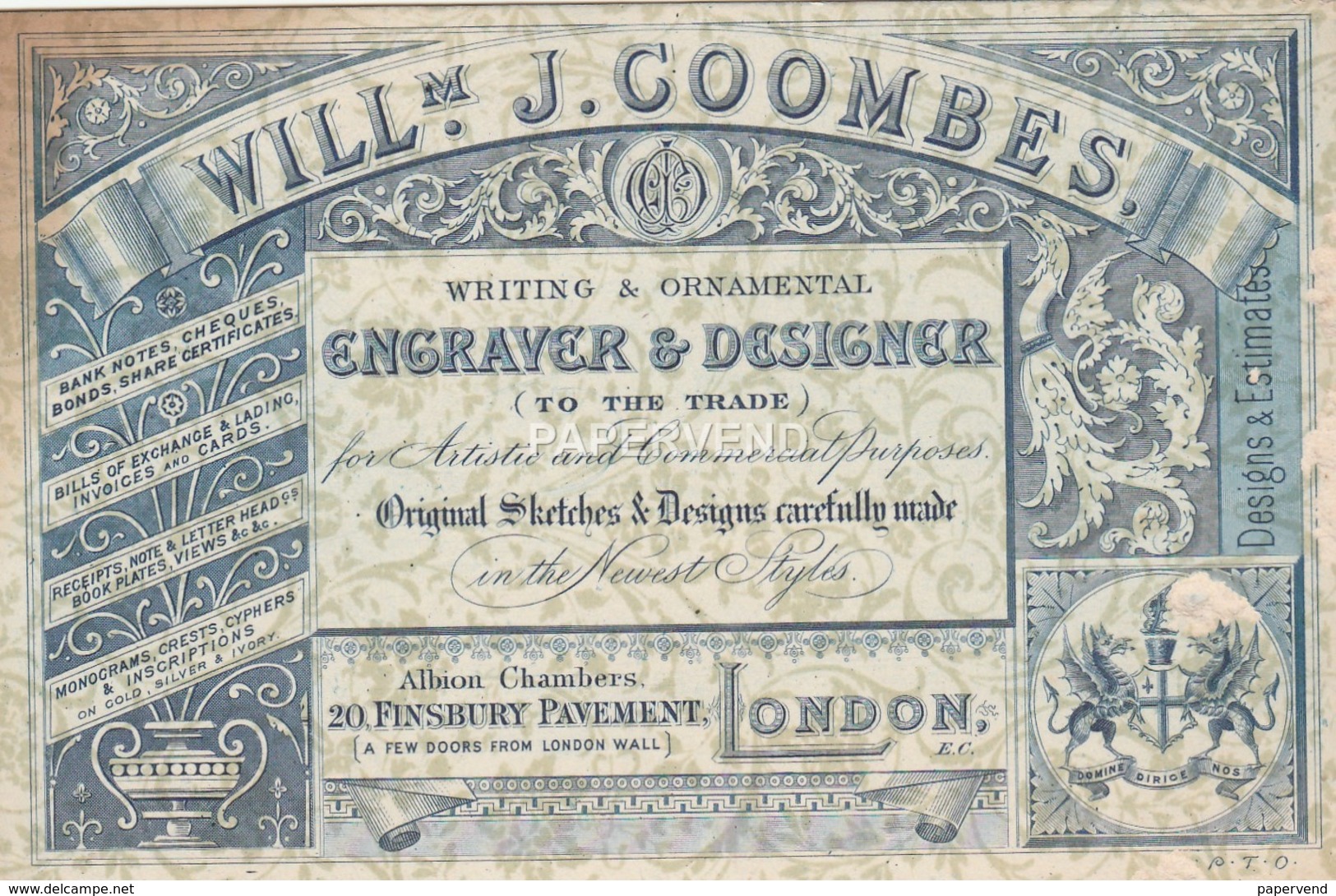 Trade Card  W.J. Coombes Engraver &  Designer 2 Sided LONDON  Etc35 - Other & Unclassified