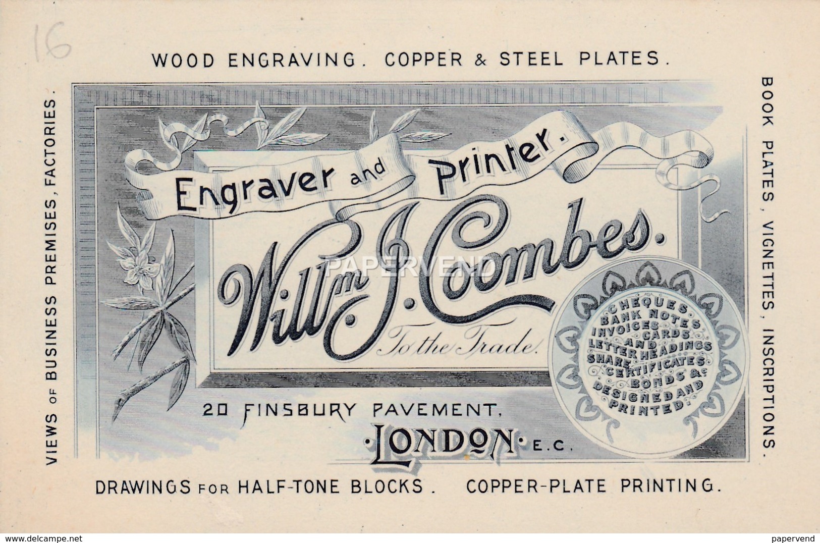 Trade Card  W.J. Coombes Engraver &  Designer 2 Sided LONDON  Etc35 - Other & Unclassified