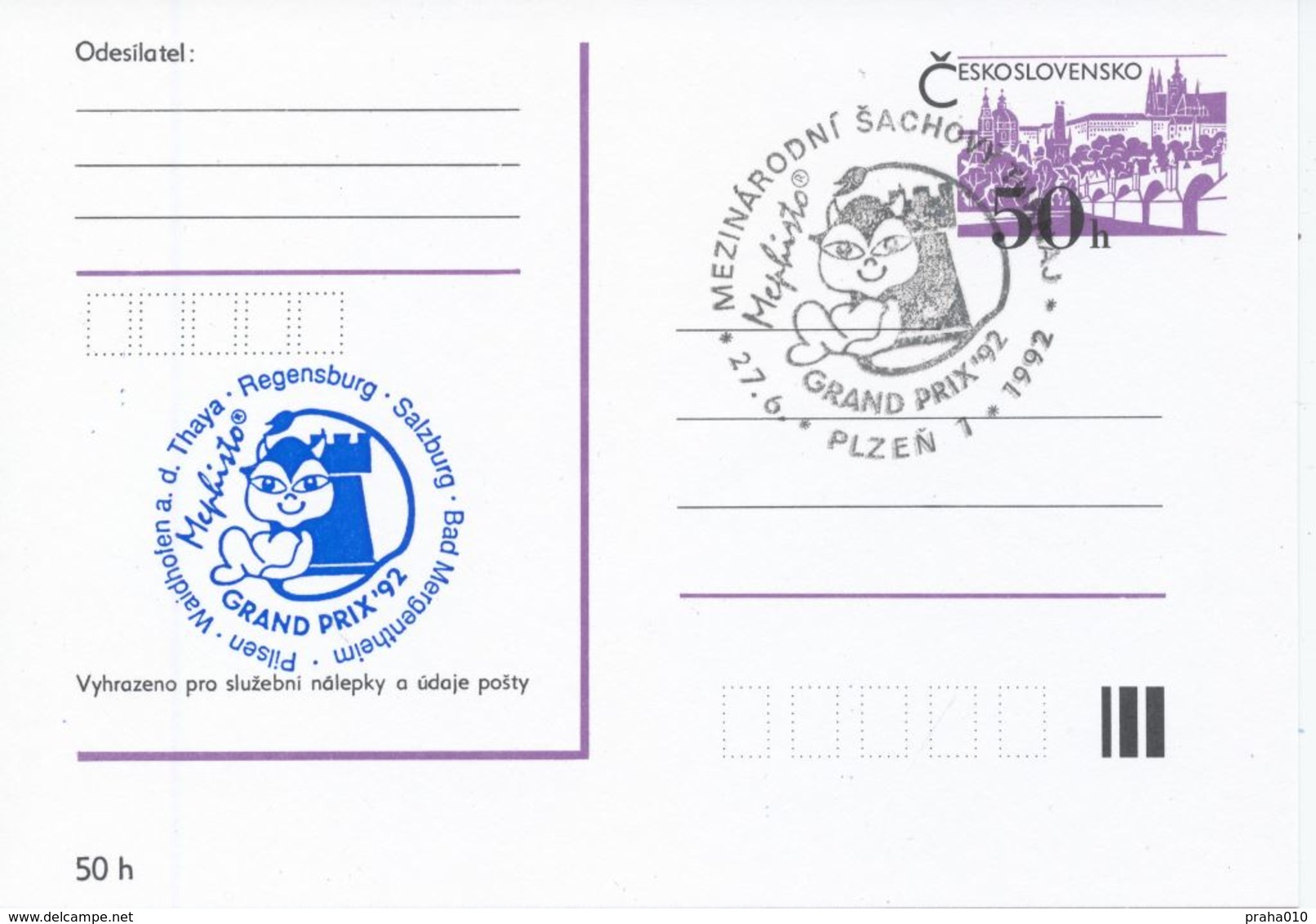 J0878-81 - Tschechoslowakei / Ganzsachen (1992) Plzen 1: Intern. Schachturnier Mephisto GRAND PRIX '92 (4 Stück) - Schach
