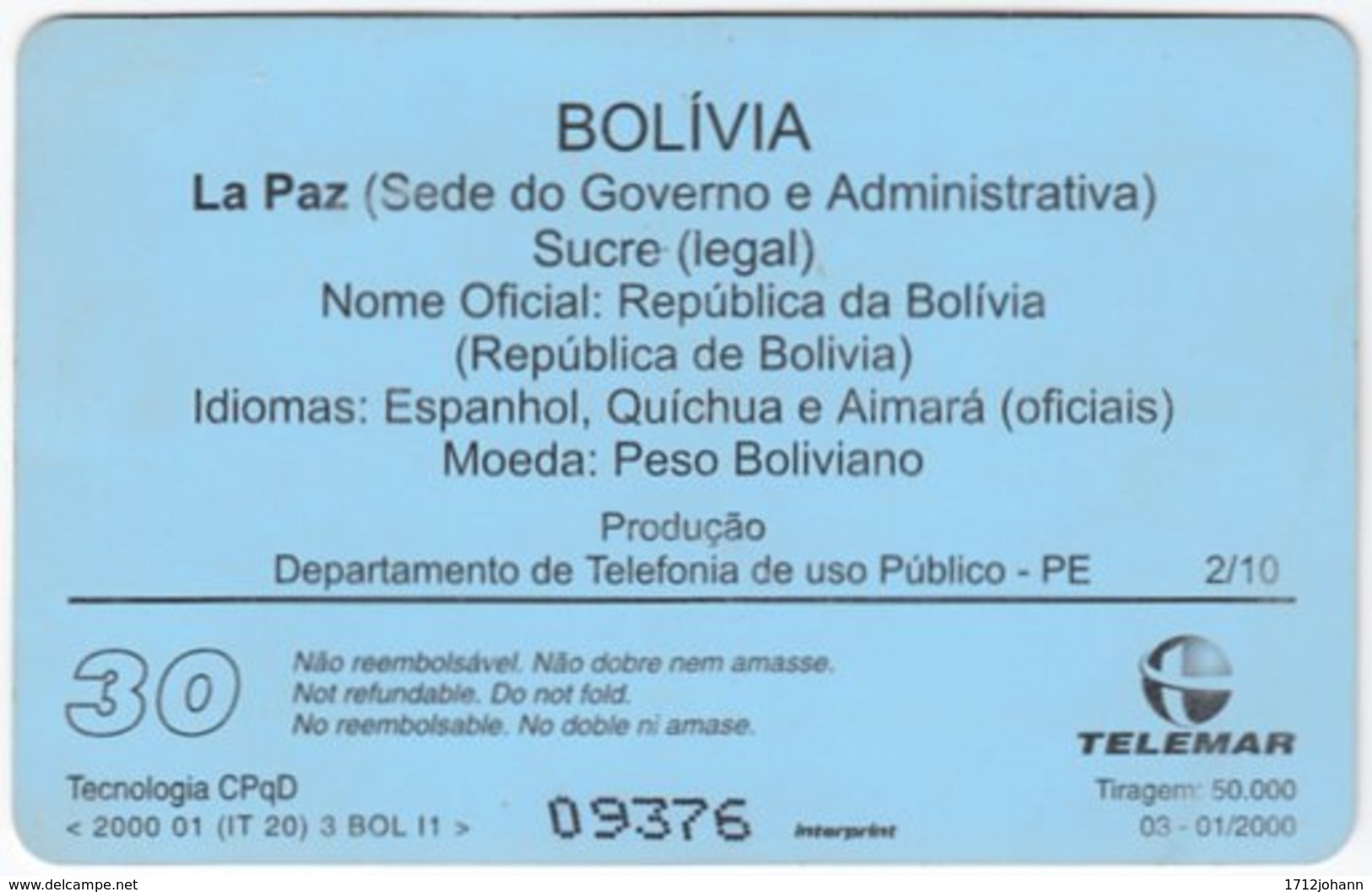 BRASIL H-241 Magnetic Telemar - Flag Of Bolivia - Used - Brazil