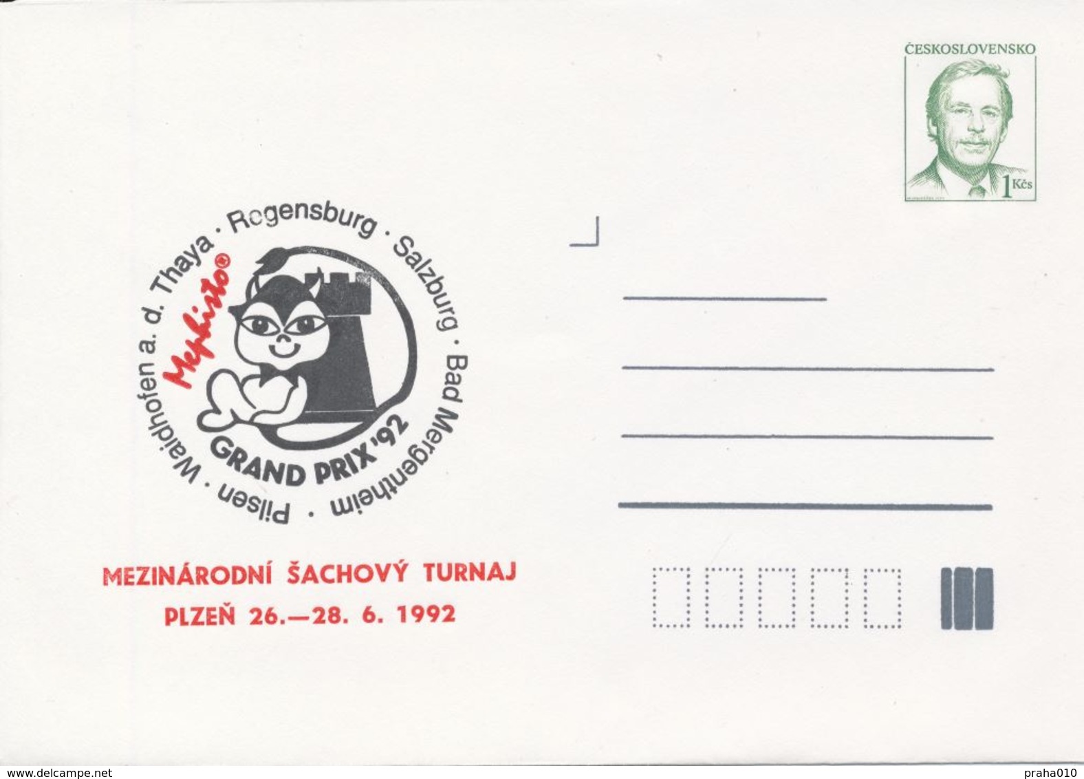 J0882 - Tschechoslowakei / Ganzsachen (1992) V. Havel: Internationales Schachturnier Mephisto GRAND PRIX '92 - Scacchi