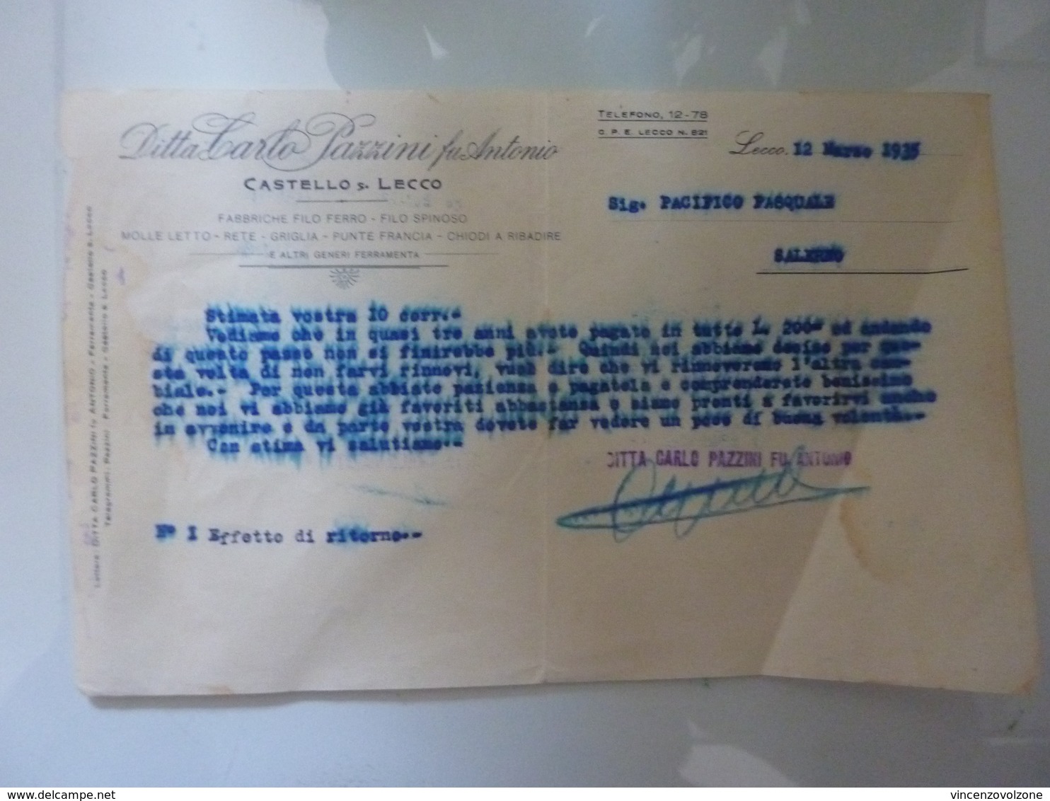 Lettera Commerciale "Ditta CARLO PAZZINI Fu ANTONIO Fabbriche Filo Ferro,etc,  CASTELLO DI LECCO" 12 Marzo 1935 - Italia