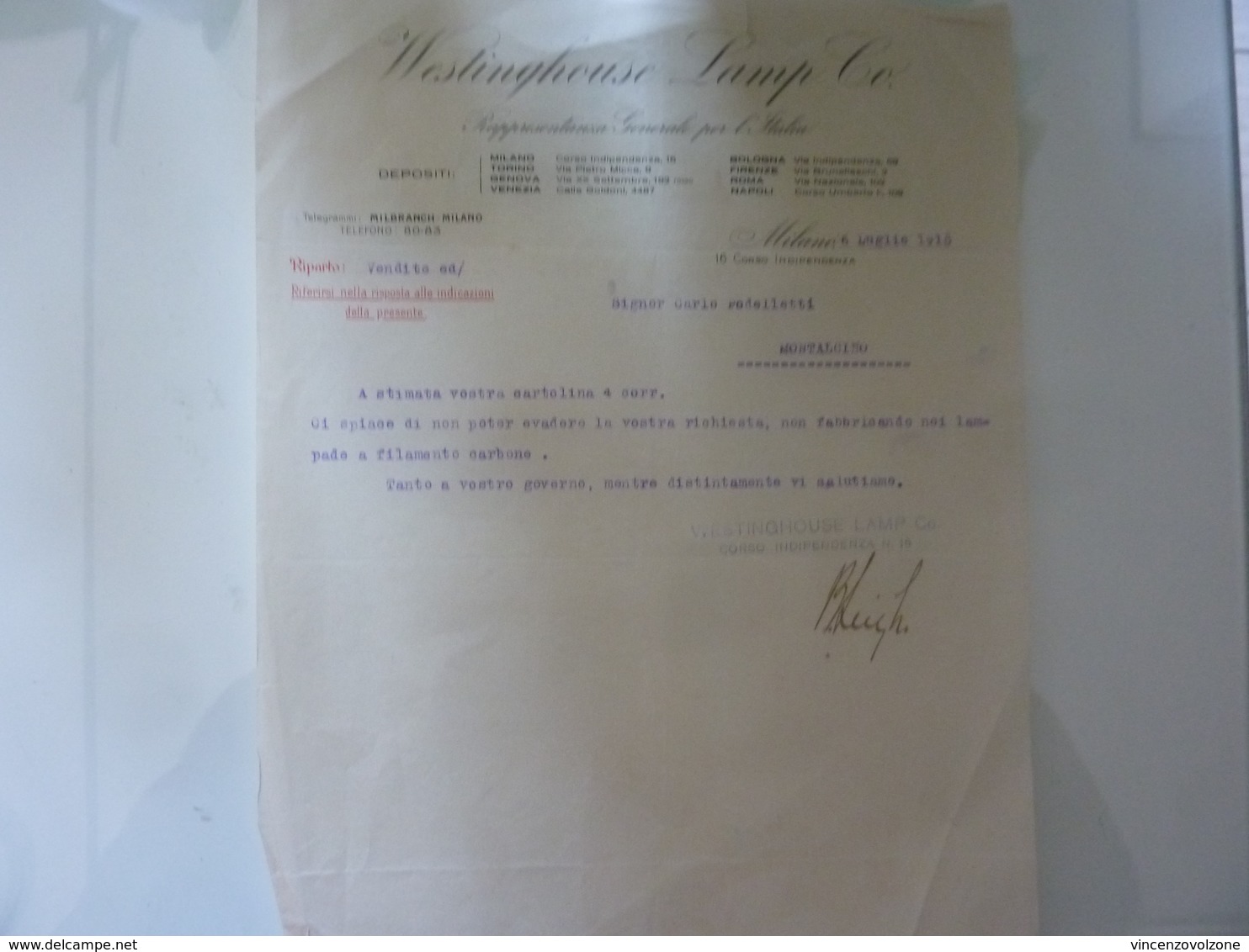 Lettera Commerciale "WESTINGHOUSE LAMP Co. Milano" 1915 - Italia