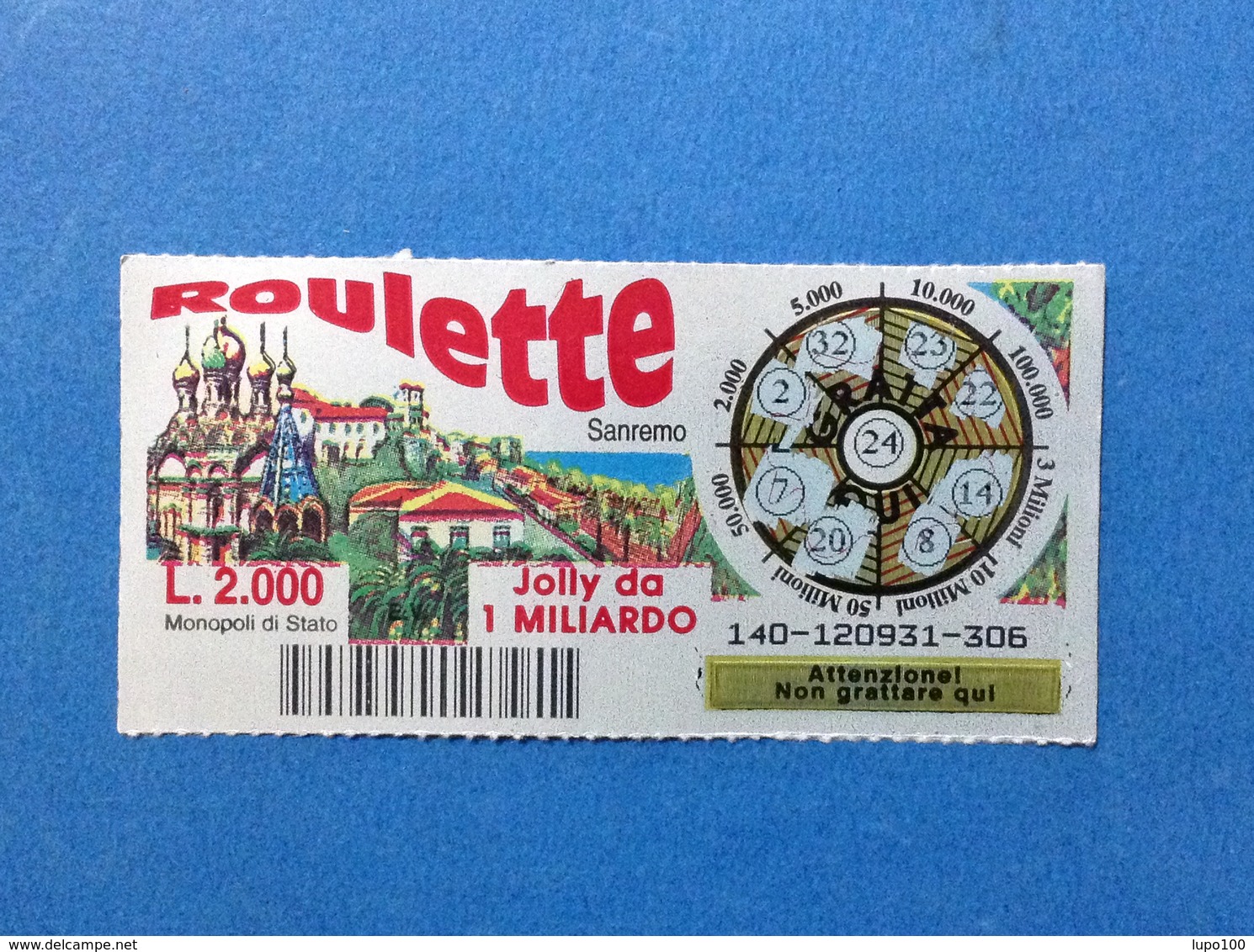 BIGLIETTO LOTTERIA GRATTA E VINCI USATO L. 2000 ROULETTE SANREMO - Loterijbiljetten