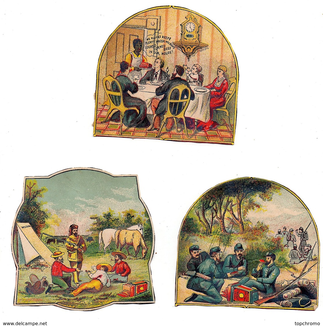 CHROMO Découpis Wilson Corned Beef Table Famille Repas Militaires Militaria Ranch Chevaux Chasseur (3 Chromos) - Otros & Sin Clasificación