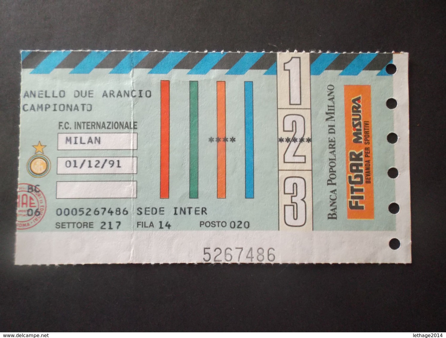 BIGLIETTO D INGRESSO ALLO STADIO DELLA PARTITA DI CALCIO MILAN INTER ANNI 91 - Toegangskaarten