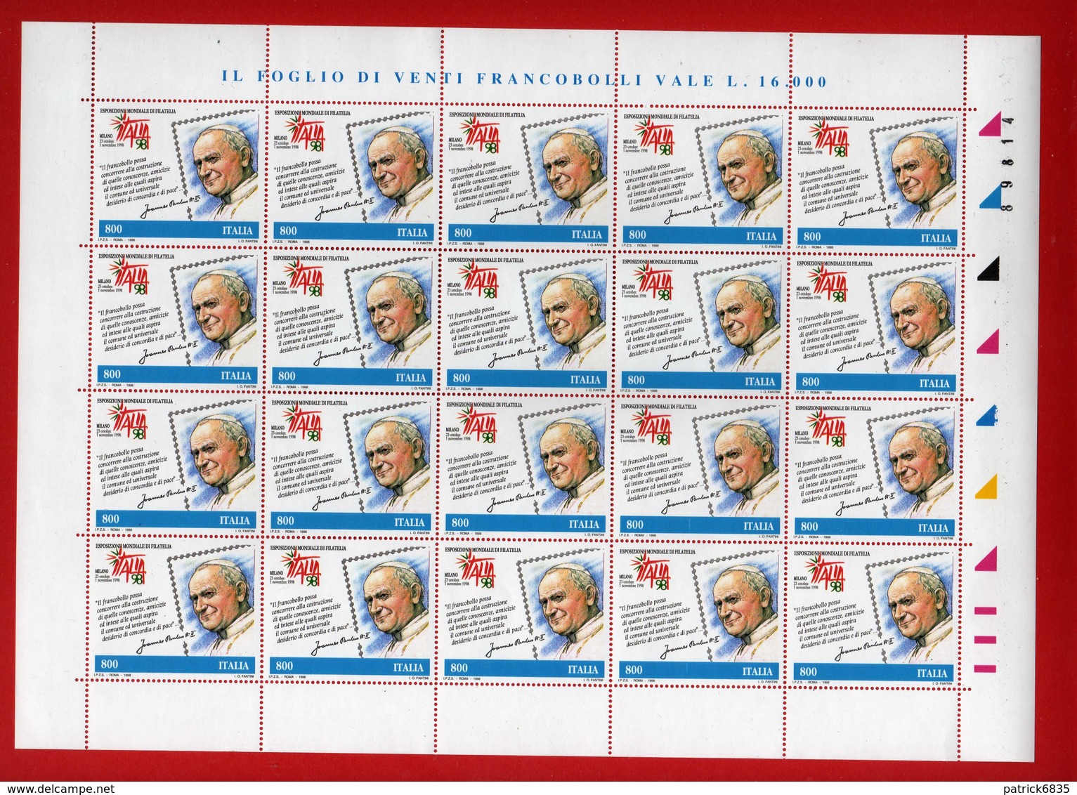 (D-S) Italia ** - 1998 - ESPOSIZIONE Di FILATELIA. Unif. 2407. Lire 800 - FOGLIO Di 20    MNH .  Vedi Descrizione - Fogli Completi