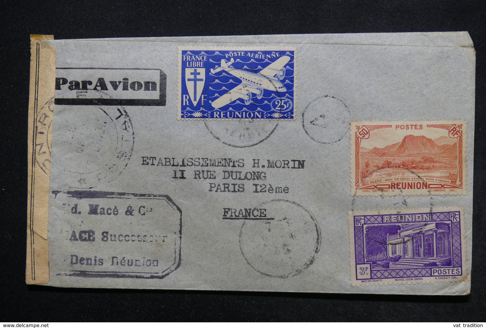 RÉUNION - Enveloppe Commerciale De St Denis Pour Paris En 1945 Avec Contrôle Postal,affranchissement Plaisant - L 24468 - Covers & Documents