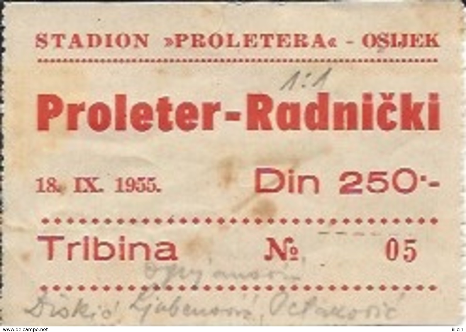 Sport Ticket UL000474 - Football (Soccer / Calcio) Proleter Osijek Vs Radnicki: 1955-09-18 - Tickets D'entrée