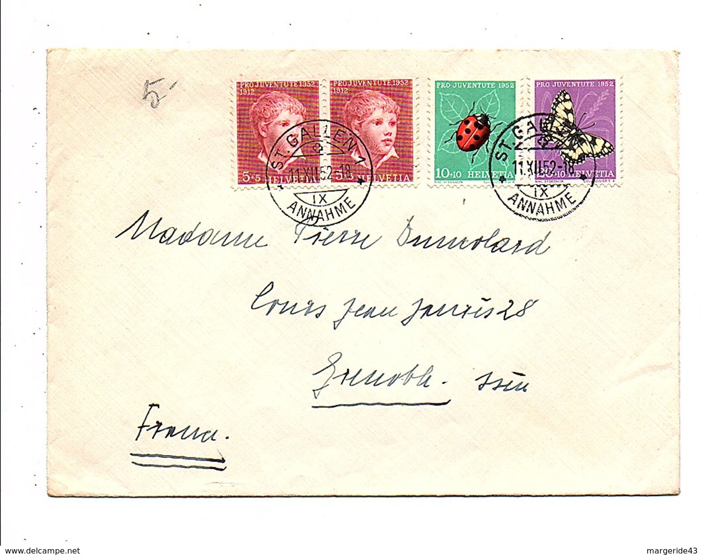 SUISSE AFFRANCHISSEMENT COMPOSE SUR LETTRE DE SANT GALLEN POUR FRANCE 1952 - Lettres & Documents