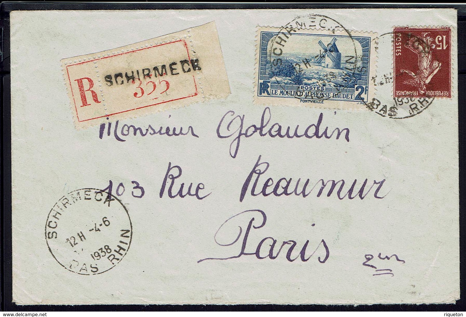 FR - 1938 - Affranchissement à 2.15 F Sur Enveloppe Recommandée De Schirmeck à Destination De Paris - B/TB - - 1921-1960: Période Moderne