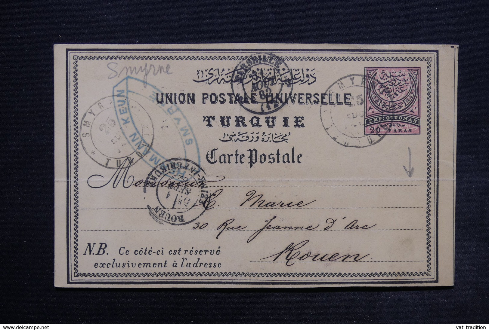 TURQUIE - Entier Postal ( Pli Horizontale ) De Smyrne En 1882 Pour Rouen - L 24487 - 1837-1914 Smyrne