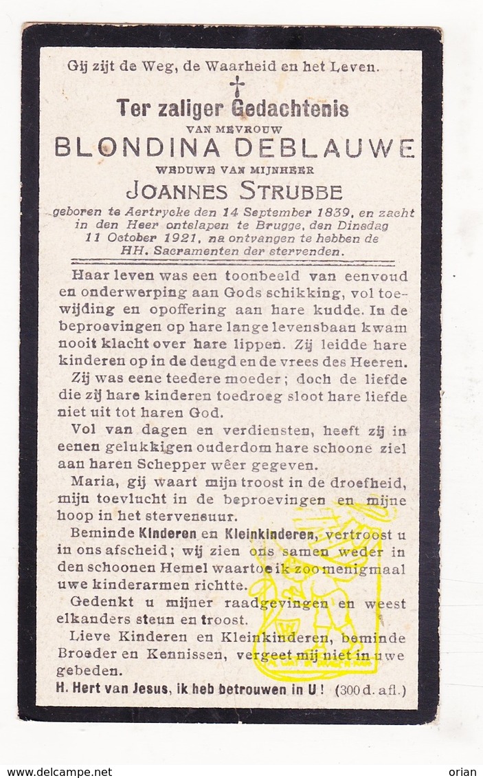 DP Blondina DeBlauwe ° Aartrijke Zedelgem 1839 † Brugge 1921 X Joannes Strobbe - Images Religieuses
