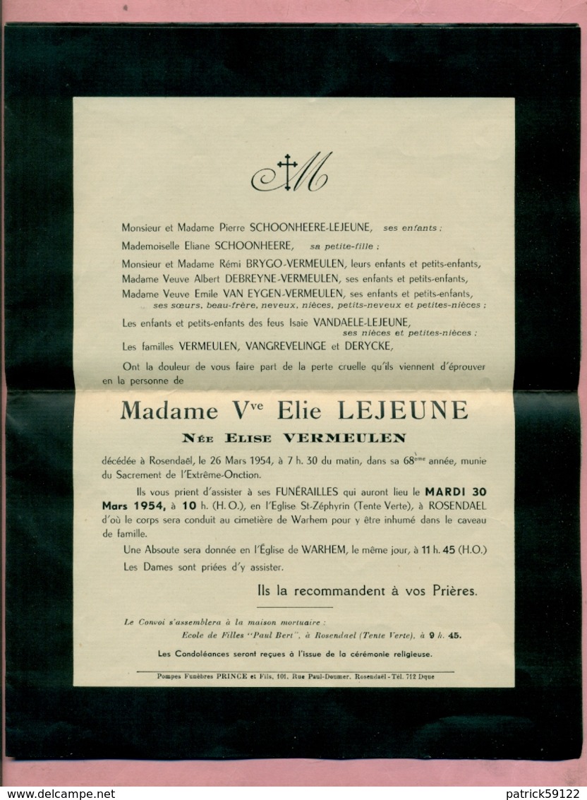 GENEALOGIE / BULLETIN / AVIS DE DECES : 1954 - ROSENDAËL Prés DUNKERQUE / WAHREM - FAMILLES LEJEUNE / VERMEULEN - Obituary Notices